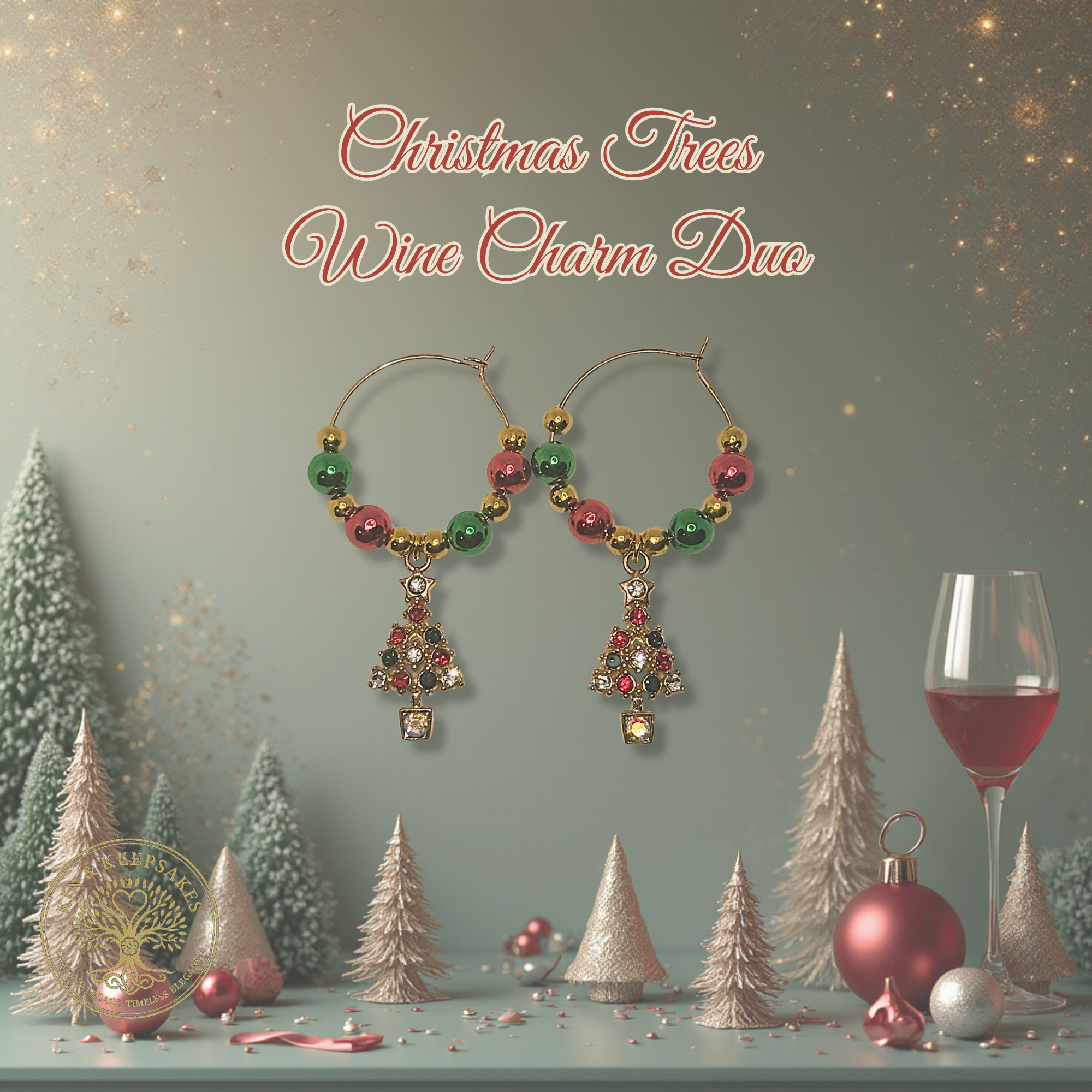 Christmas Tree Wine Charm Duo with jewelled tree charms in a festive Christmas setting