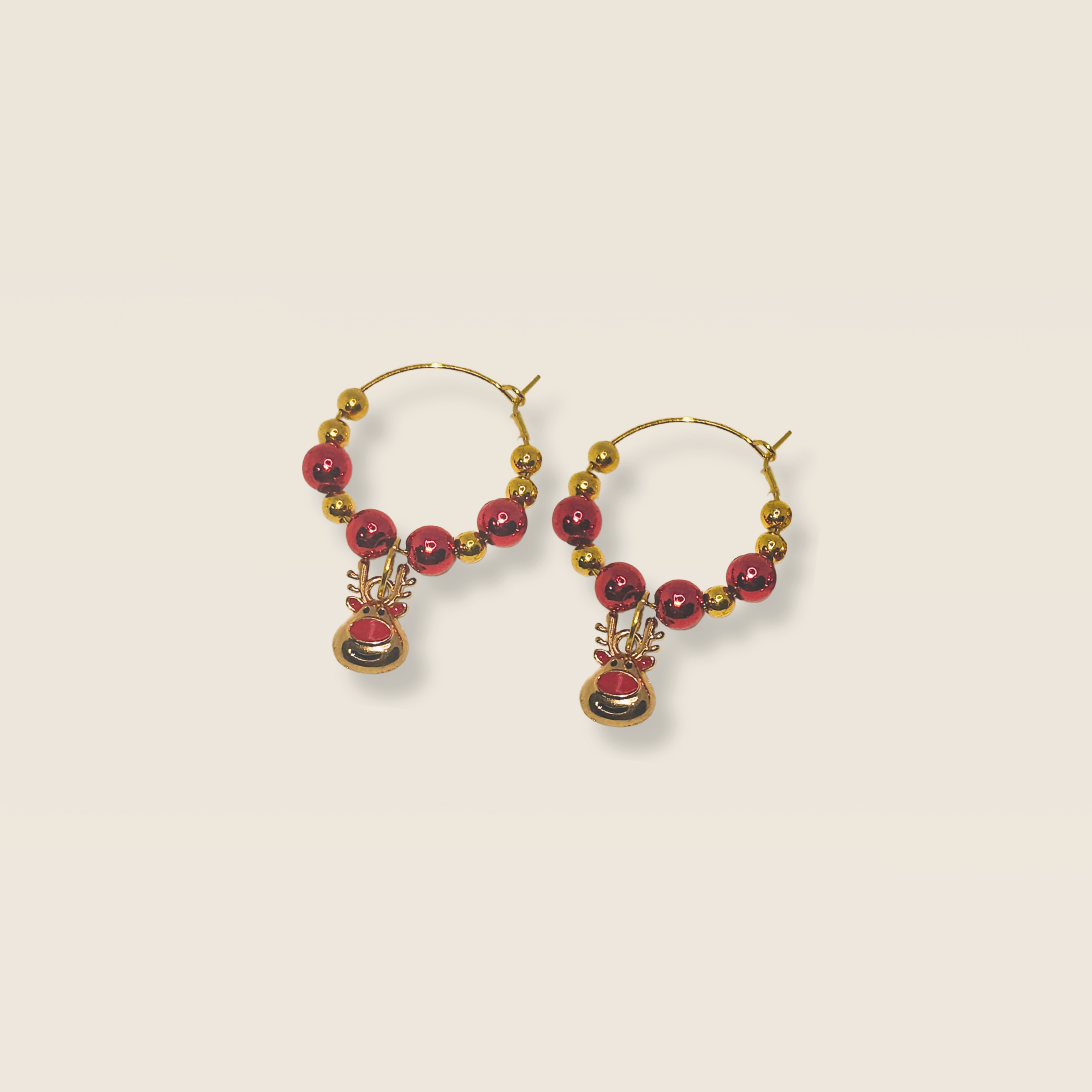 Rudolph Wine Charm Duo with red and gold beads and red-nosed reindeer charms