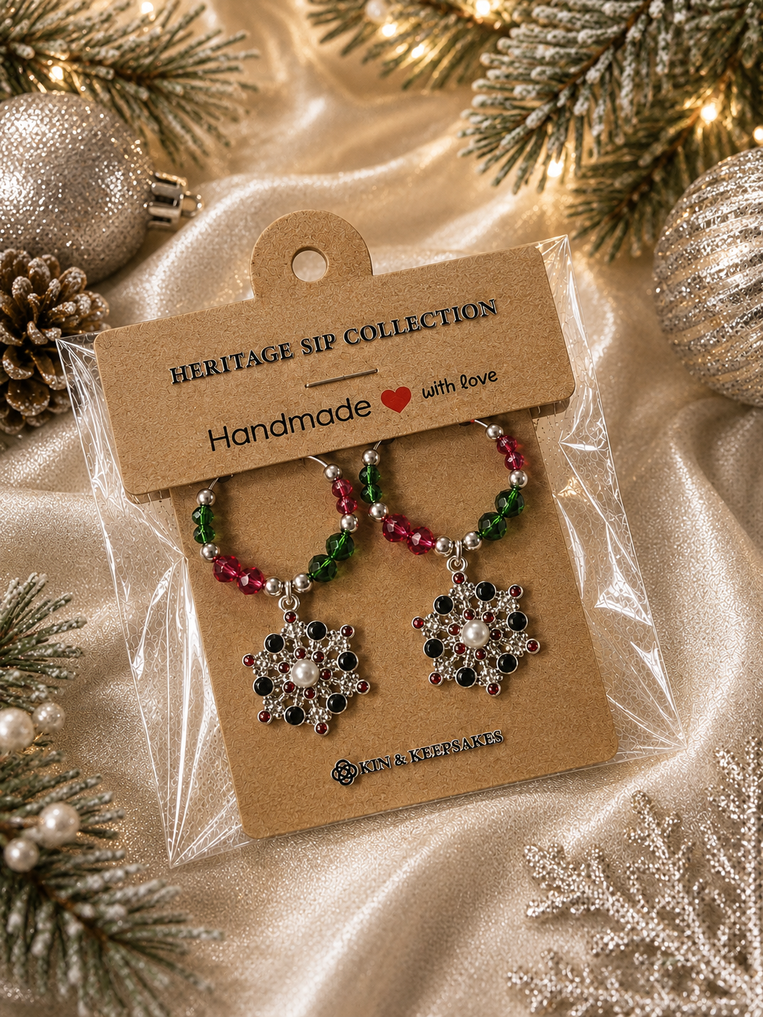 Silver Snowflake Wine Charm Duo presented in Kin & Keepsakes gift packaging
