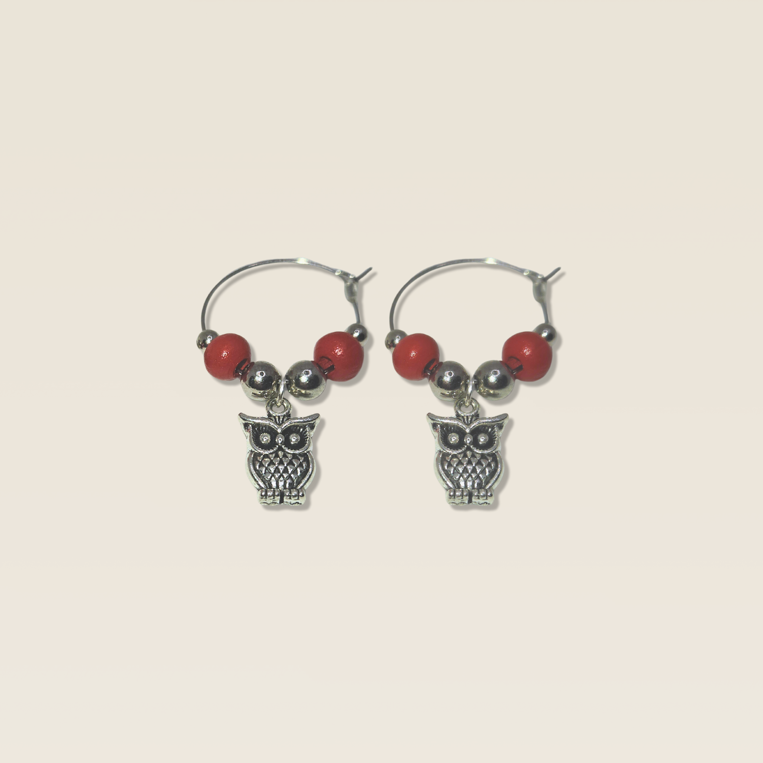 Colonial Red Loft Owl wine charm duo with red beads and silver owl charms