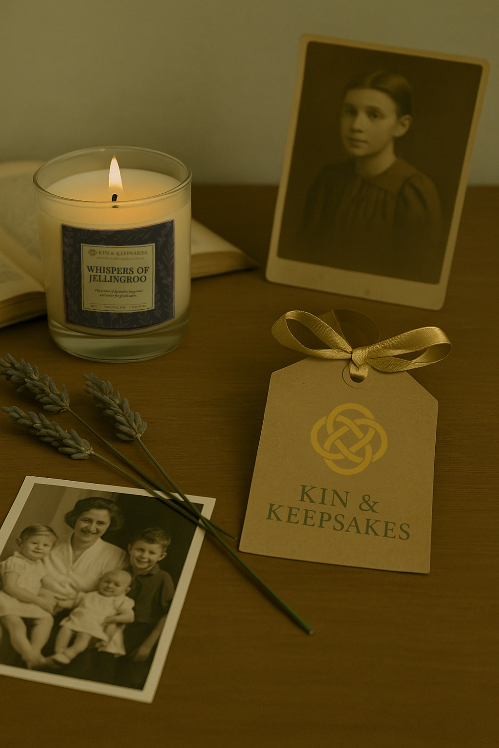 Memorial display including a candle labeled 'Whispers of Jellingroo,' black-and-white photos of a woman and children, a tag labeled 'Kin & Keepsakes,' sprigs of lavender, and a ribbon on a wooden surface.