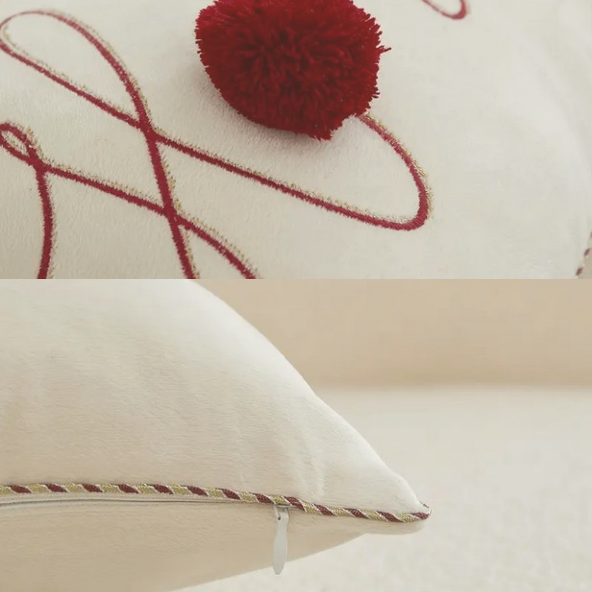 Close-up detail of cream Ho Ho Ho Christmas cushion with red embroidery and piping