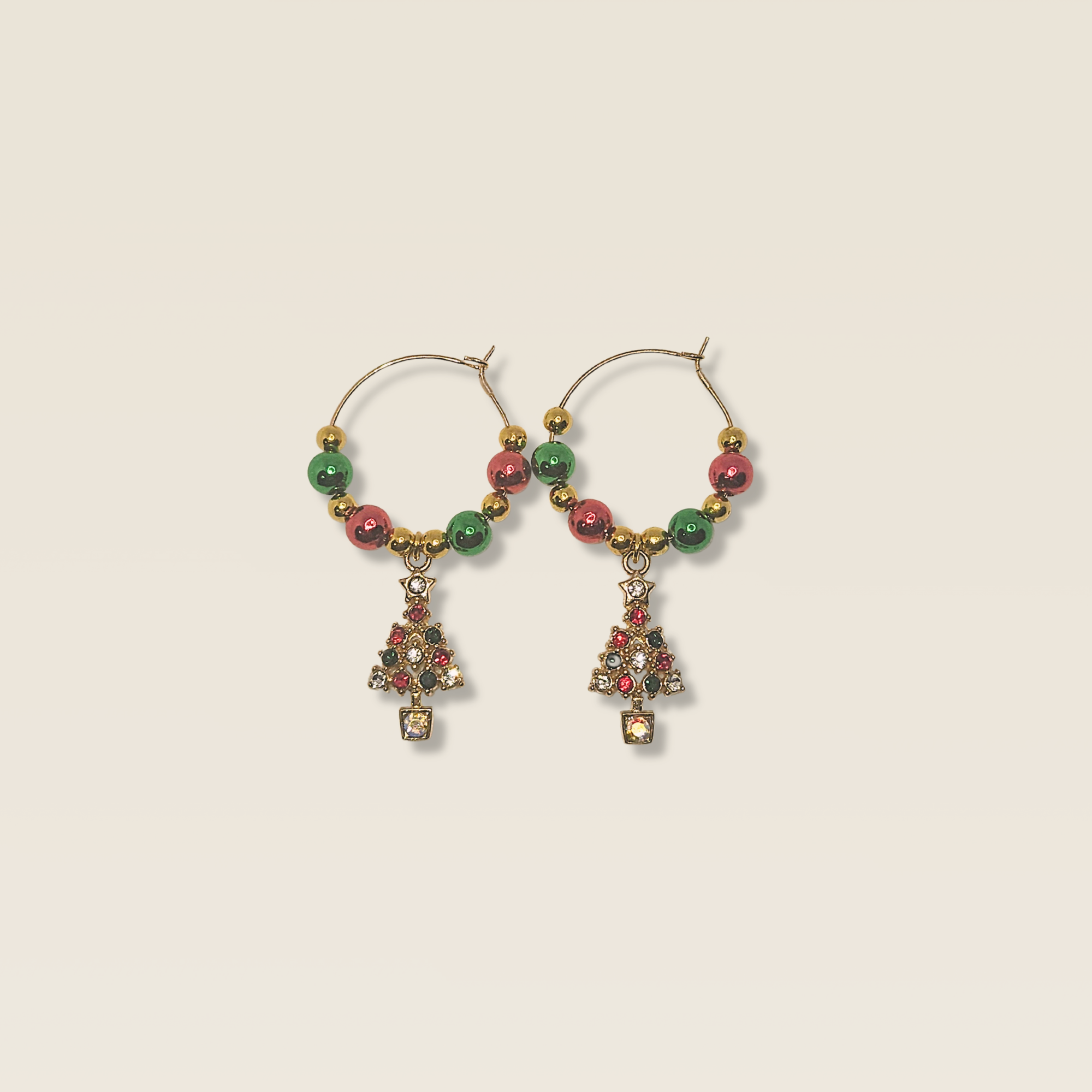 Christmas Tree Wine Charm Duo with red, green and gold beads and jewelled tree charms