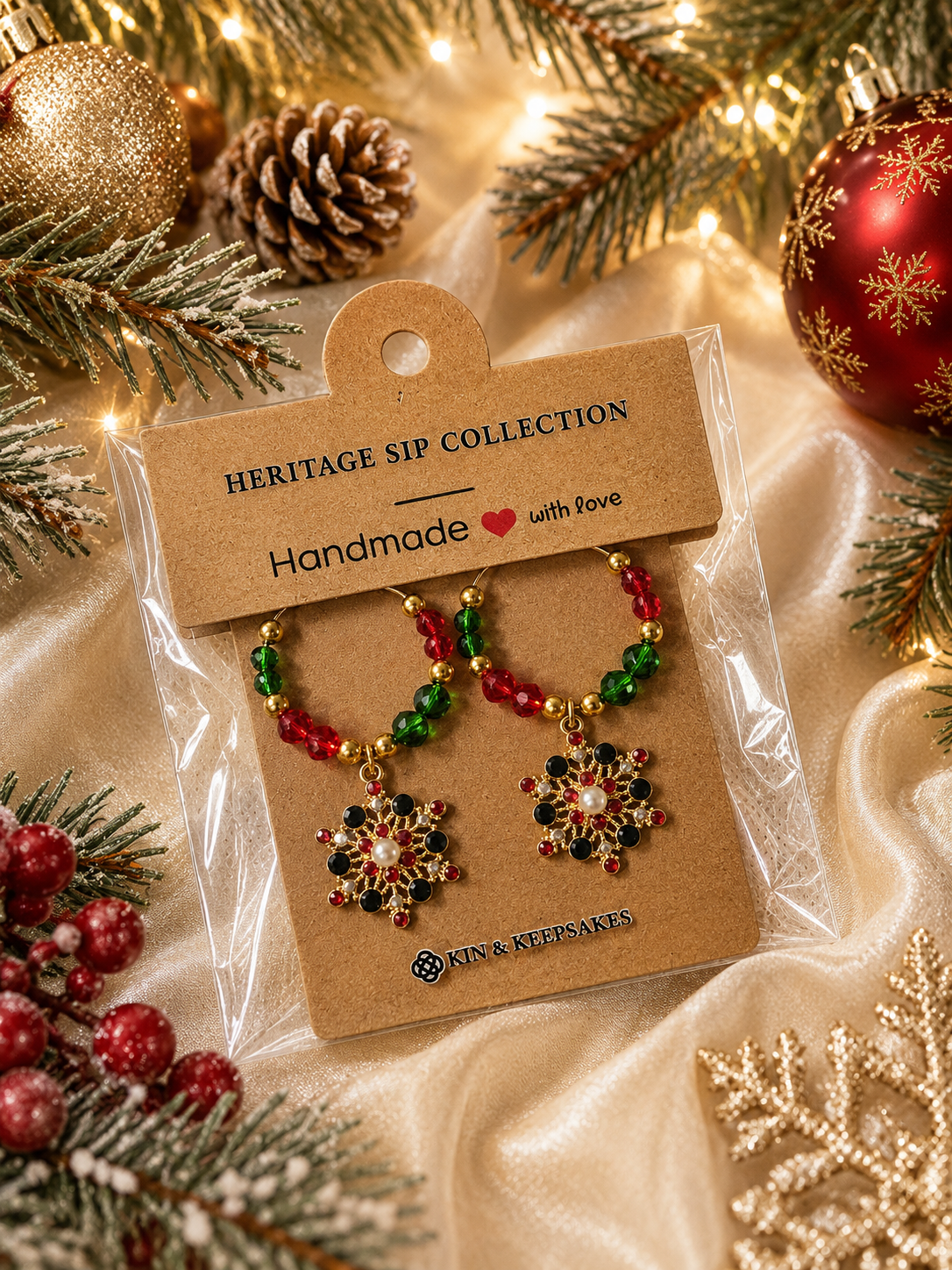 Gold Snowflake Wine Charm Duo presented in Kin & Keepsakes gift packaging