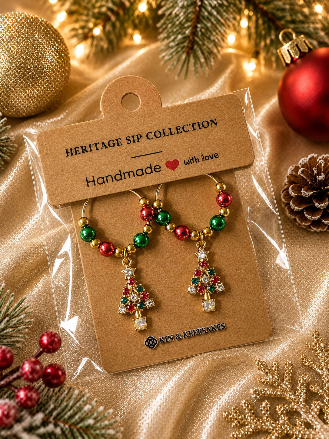 Christmas Tree Wine Charm Duo in Kin & Keepsakes packaging with festive Christmas styling