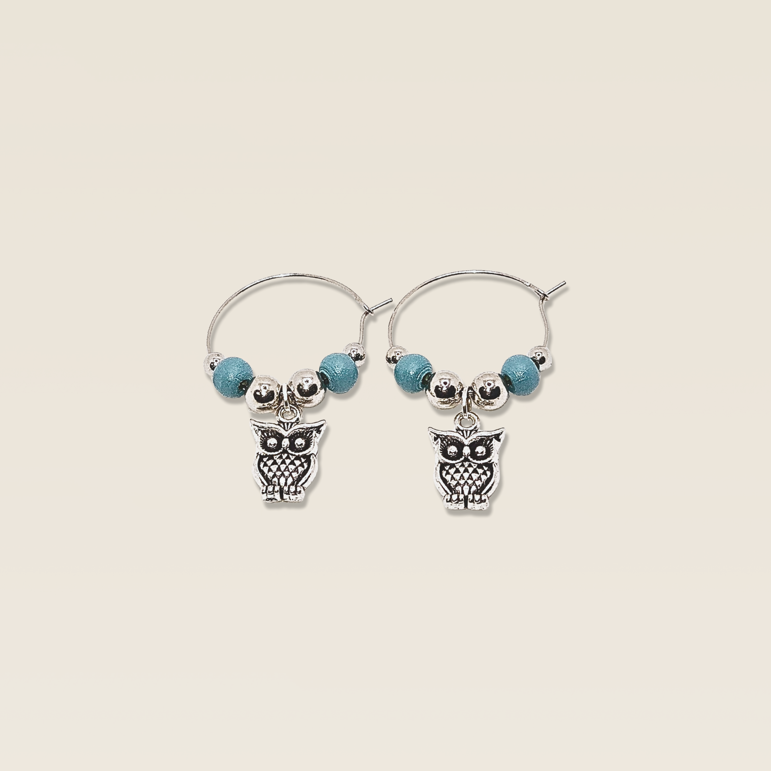 Springtime wine charm duo with silver owl charms and aqua beads