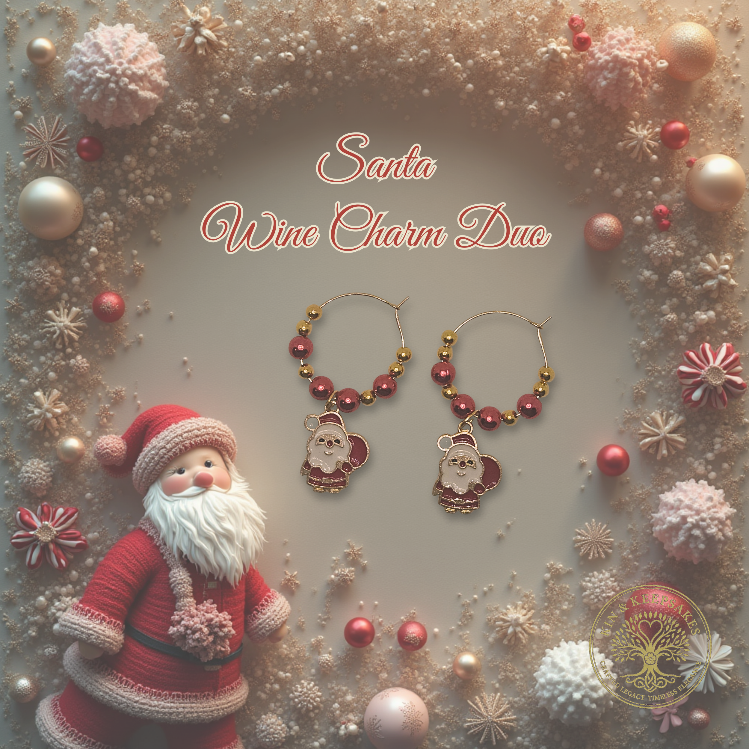 Santa Wine Charm Duo collection with red and gold beads in a festive Christmas setting