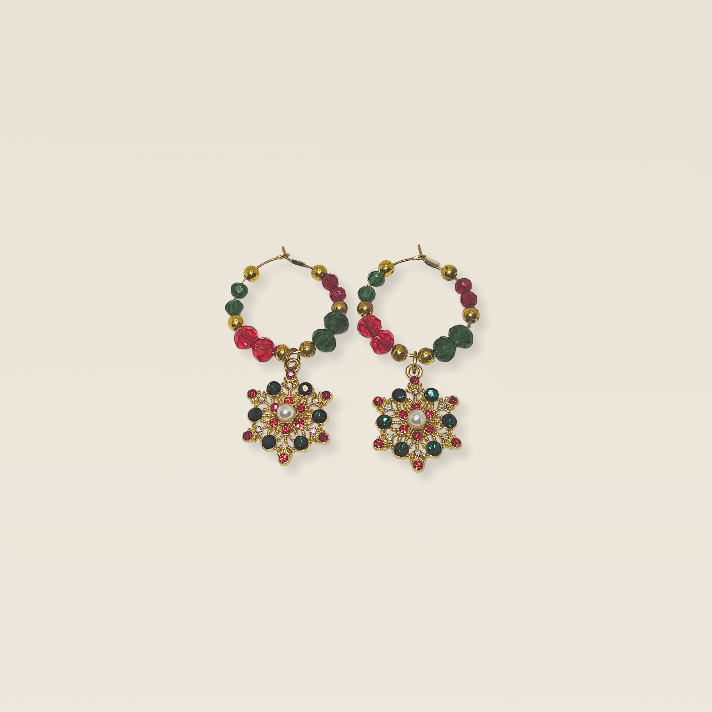 Pair of Gold Snowflake Wine Charms with red and green beads