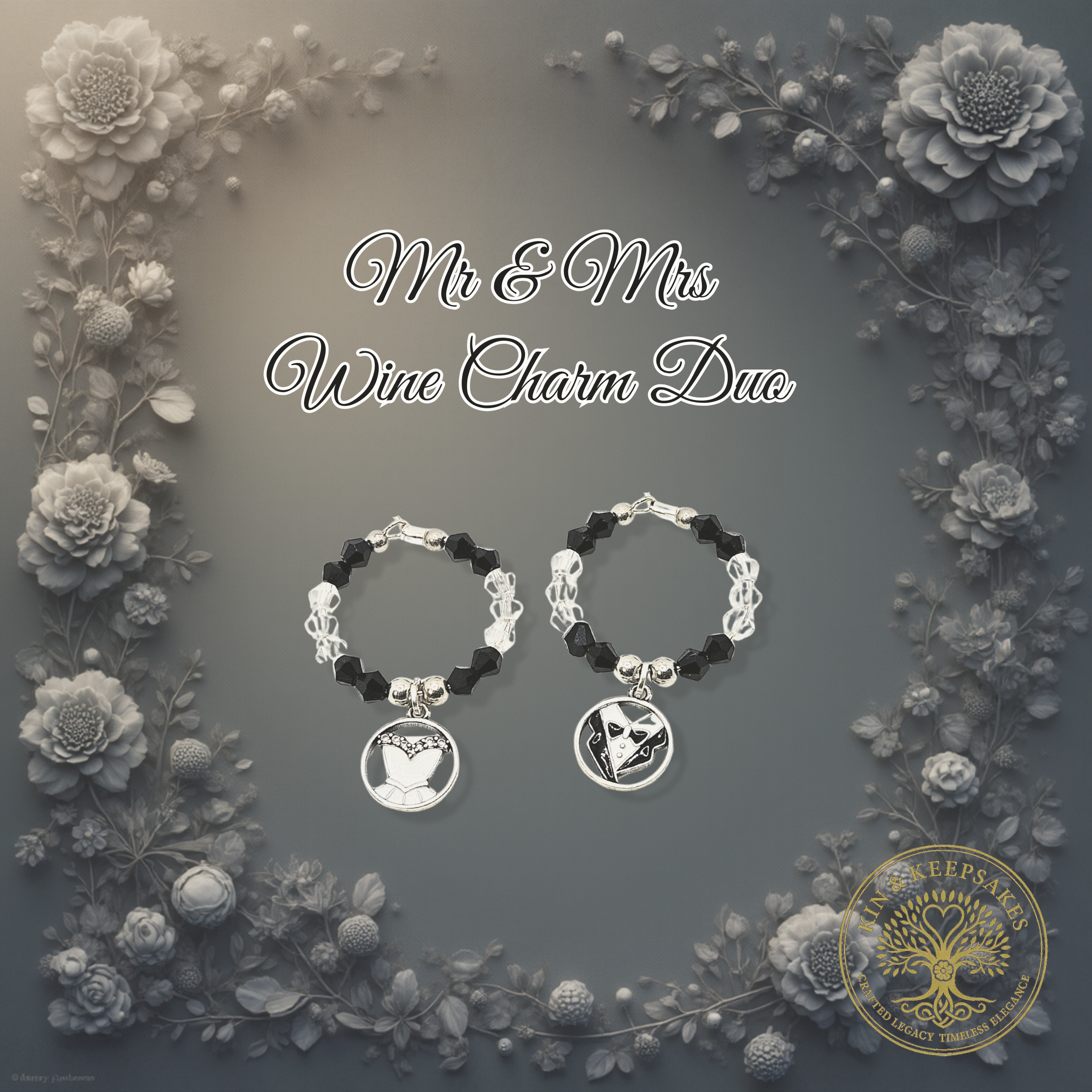 Mr and Mrs Wine Charm Duo collection with bride and groom charms in an elegant floral wedding setting