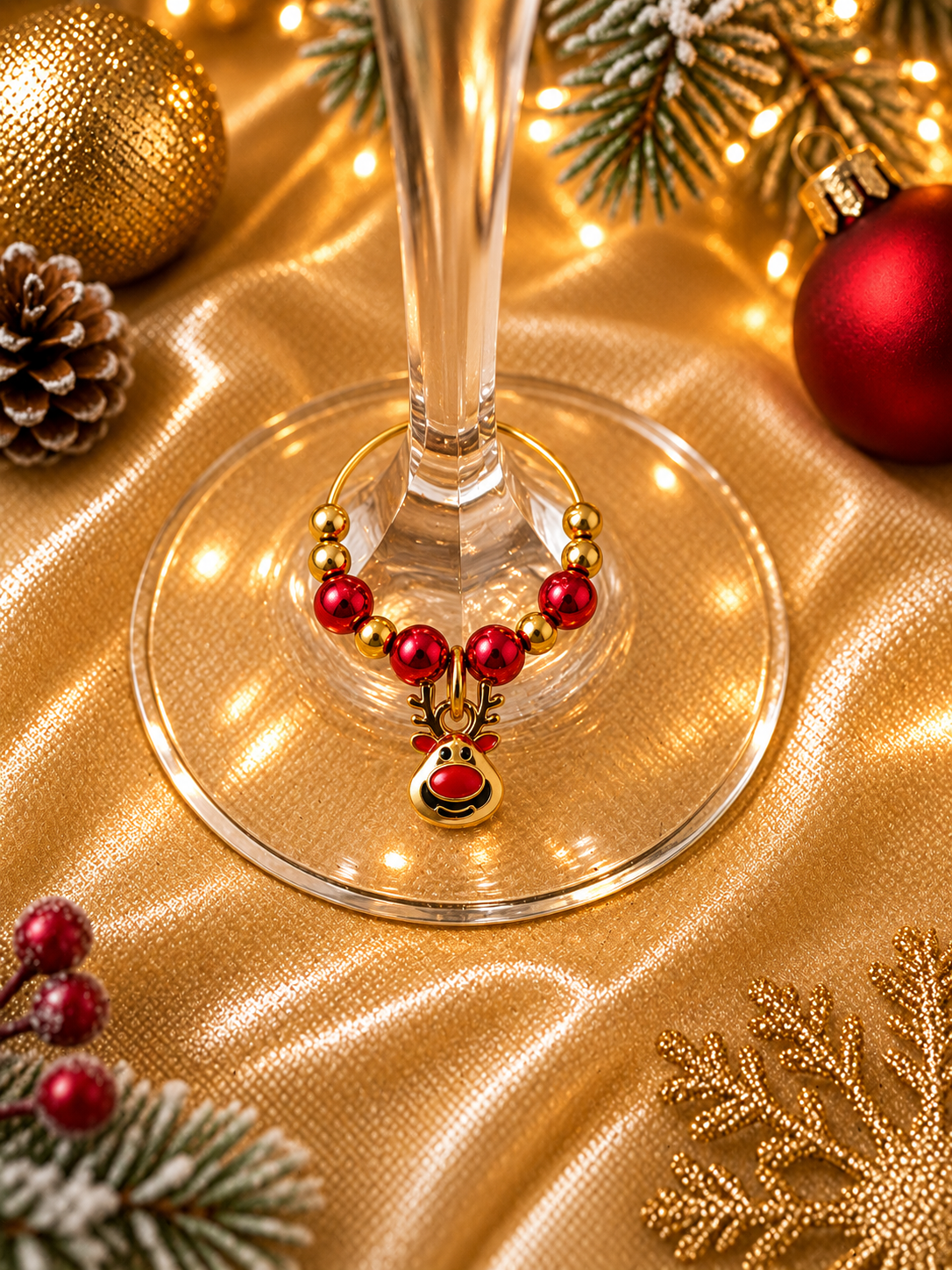 Rudolph wine charm displayed on a wine glass with Christmas styling