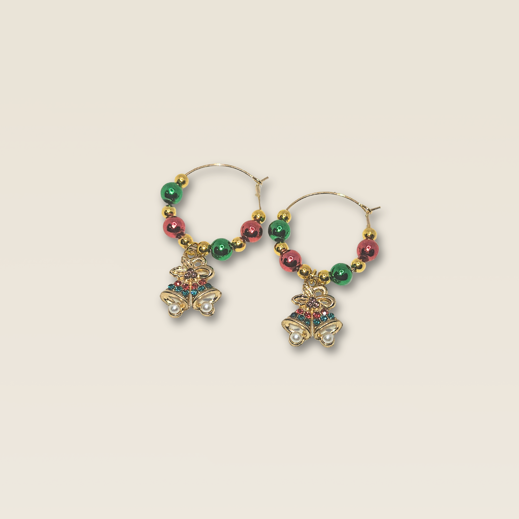 Christmas Bells Wine Charm Duo with red, green and gold beads and jewelled bell charms