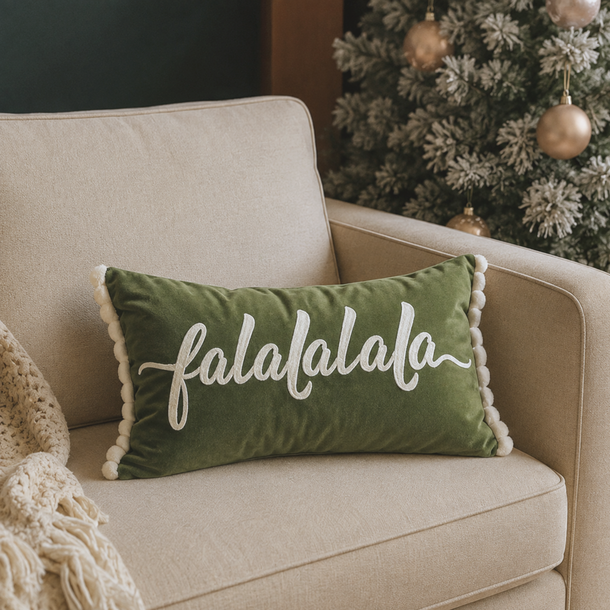 Green Falalalala Christmas cushion with white pom pom trim displayed on a sofa