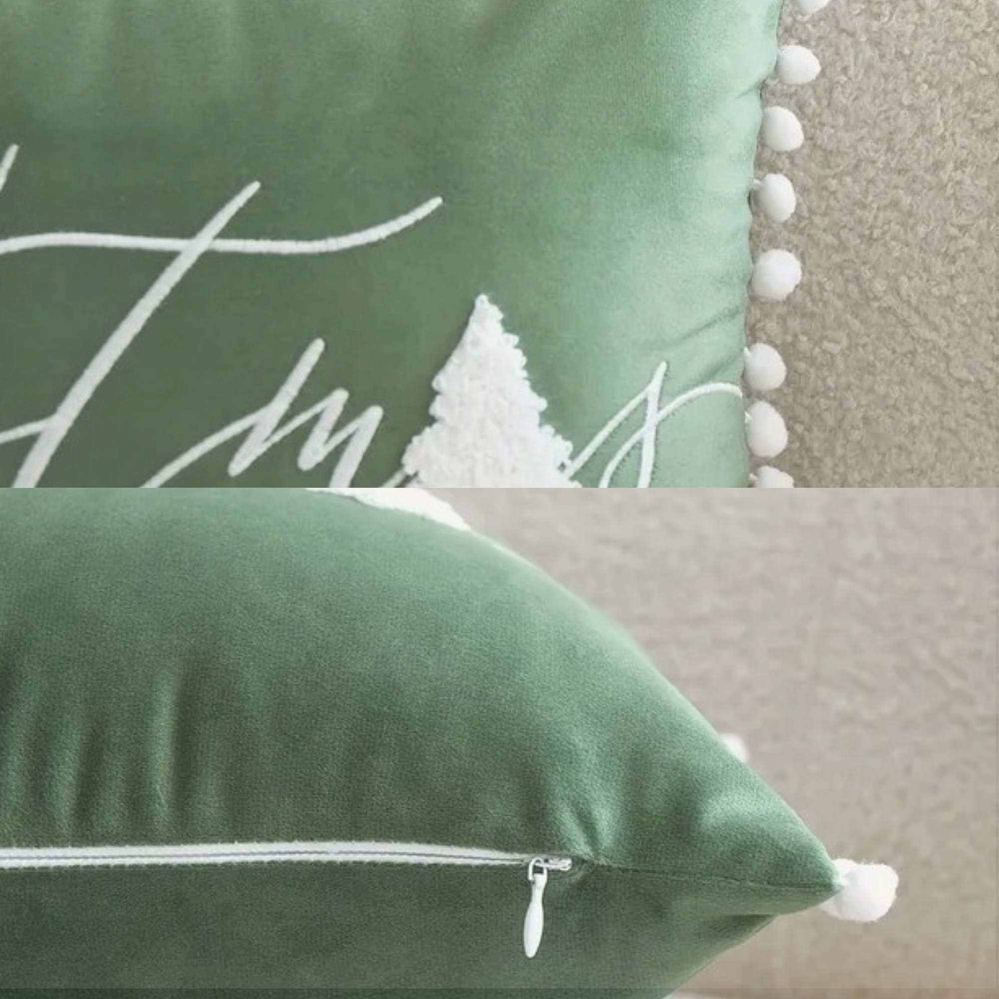 Green Merry Christmas cushion with white lettering and pom pom trim displayed on a sofa