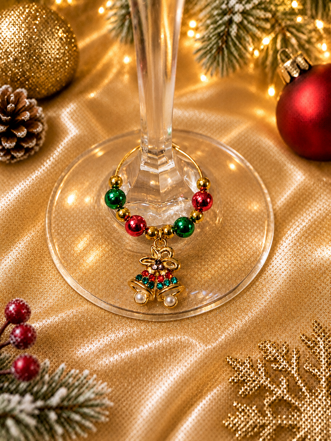 Christmas Bells wine charm displayed on a wine glass with festive gold Christmas styling