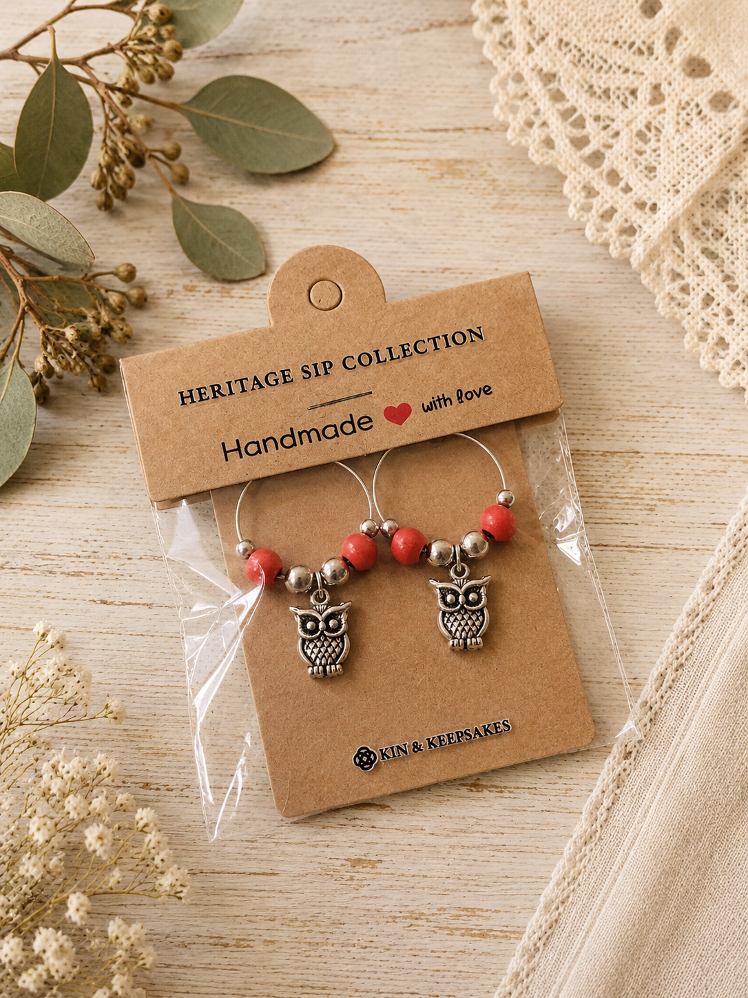 Colonial Red Loft Owl wine charm duo presented in handmade gift packaging