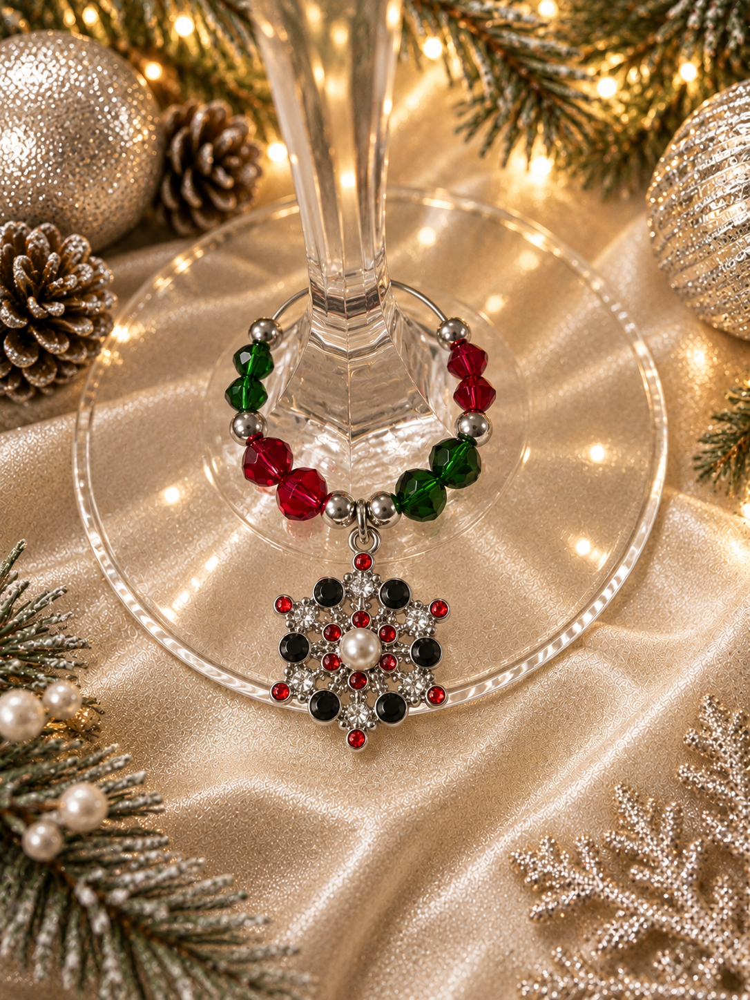 Silver Snowflake Wine Charm Duo with red and green beads displayed on a wine glass