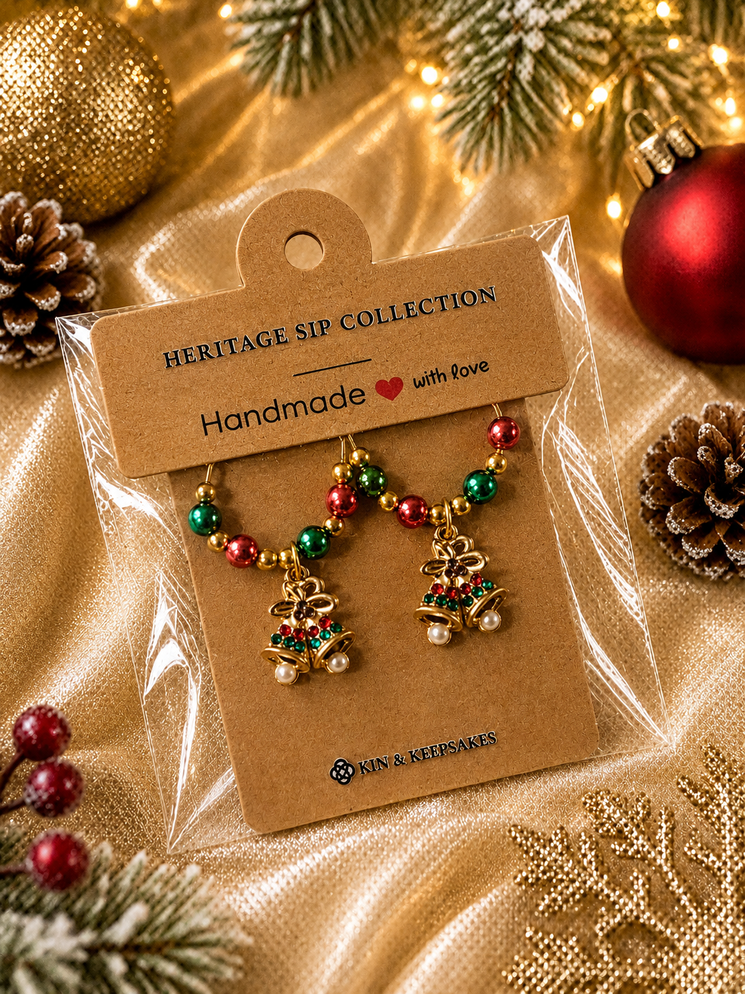 Christmas Bells Wine Charm Duo in Kin & Keepsakes packaging with festive Christmas styling