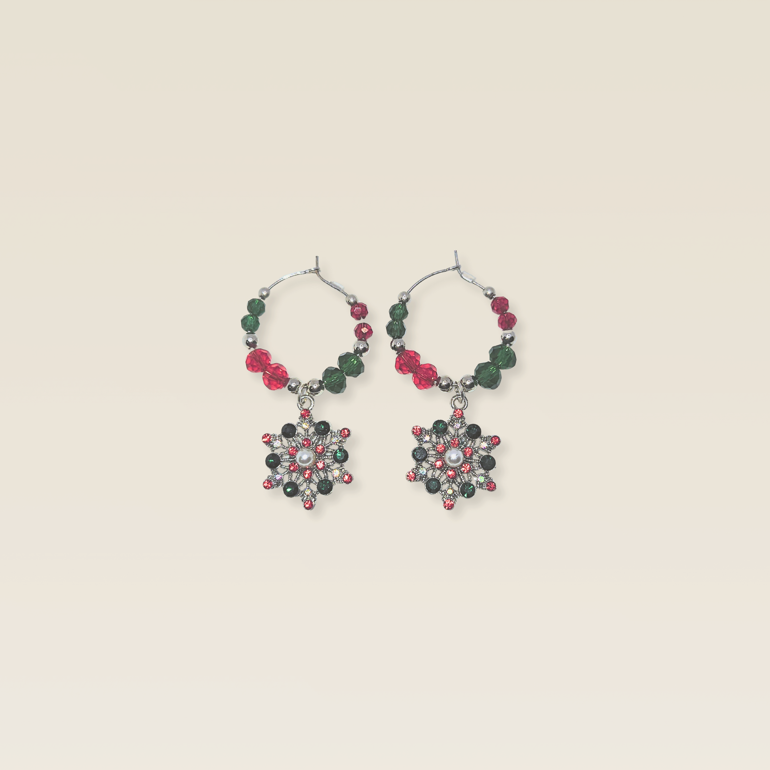 Pair of Silver Snowflake Wine Charms with red and green beads