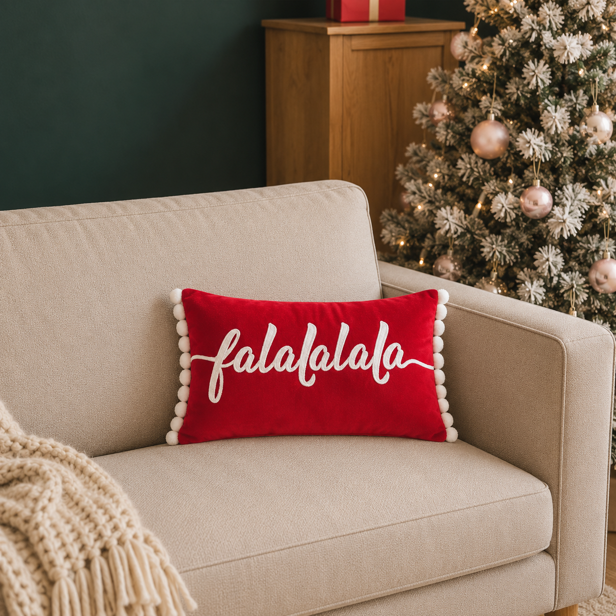 Red Falalalala Christmas cushion with white pom pom trim displayed on a sofa