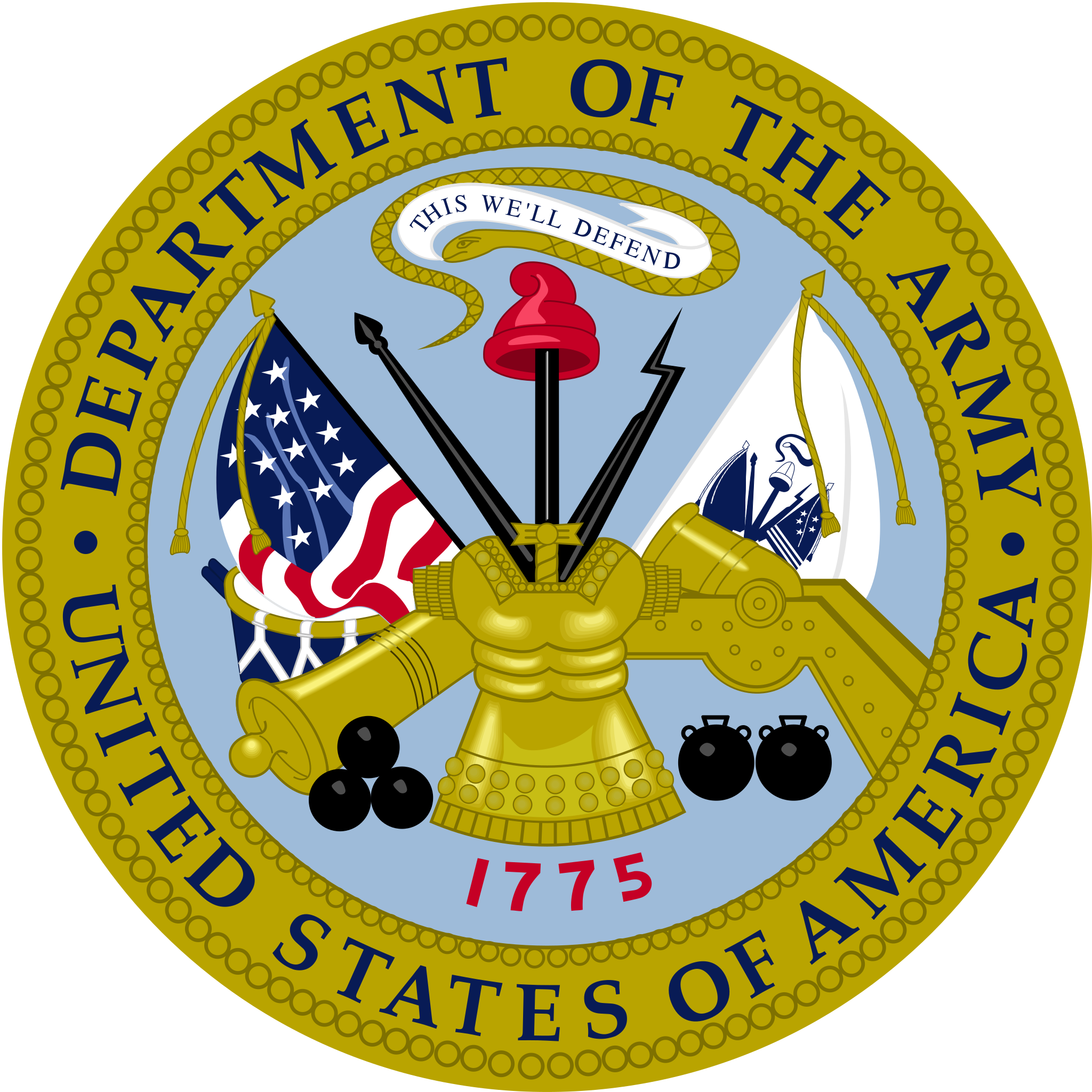 Seal of the United States Department of the Army featuring a blue background, a cannon, two black bombs, the American flag, and a white flag with a ship, with the date 1775 at the bottom and a snake banner with the words "This we'll defend" at the top.