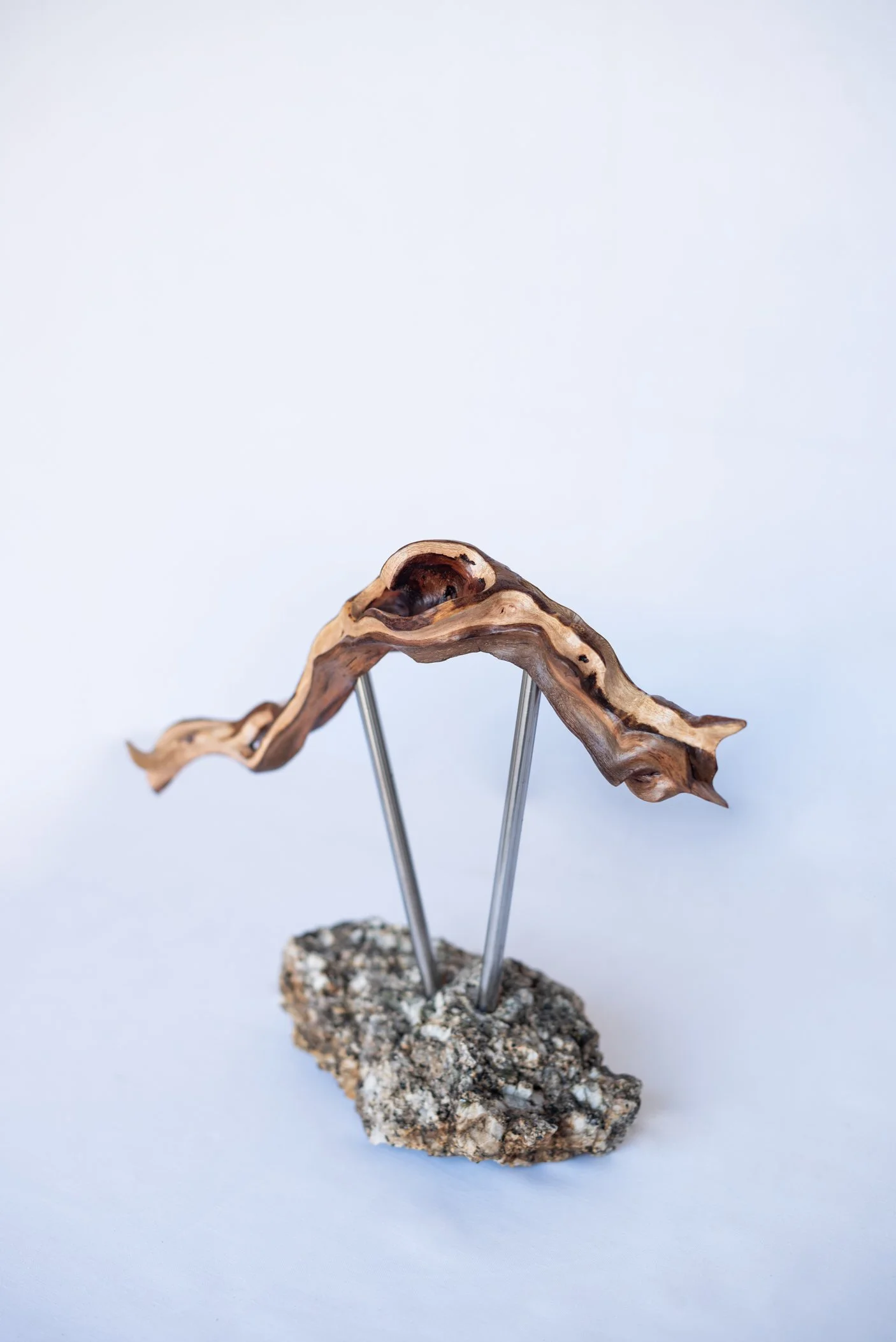 A piece of driftwood mounted on two metal pins inserted into a textured rock base, set against a plain white background.