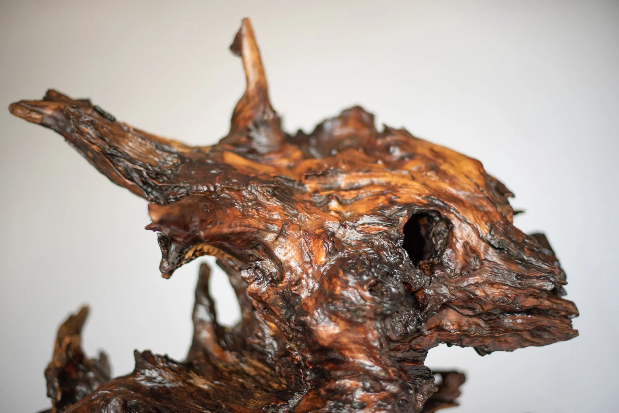 Close-up of a dark, textured, weathered piece of driftwood or wood sculpture with a hollow spot, set against a plain light background.