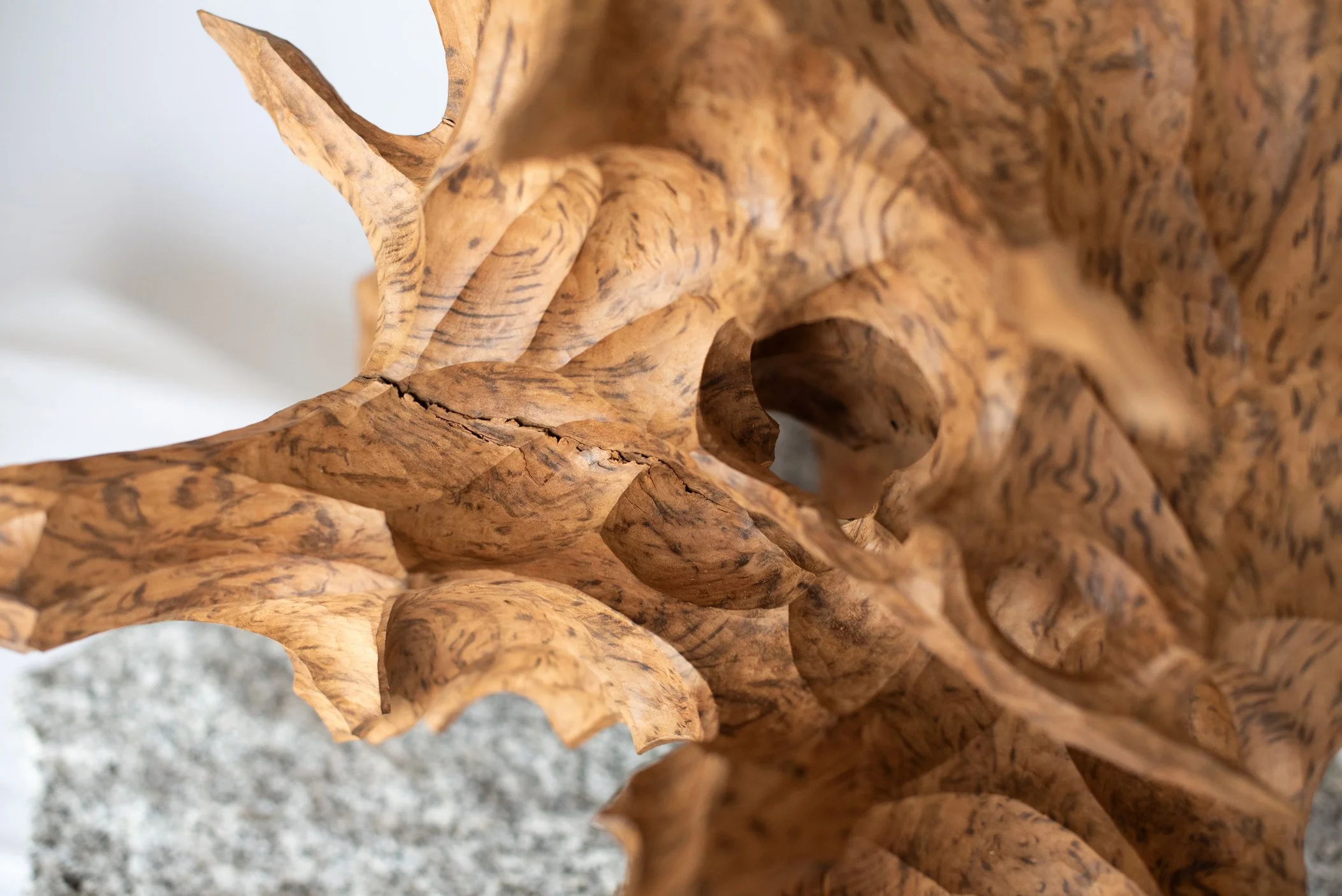 Close-up of a carved wooden sculpture with intricate details and a crack in the wood.