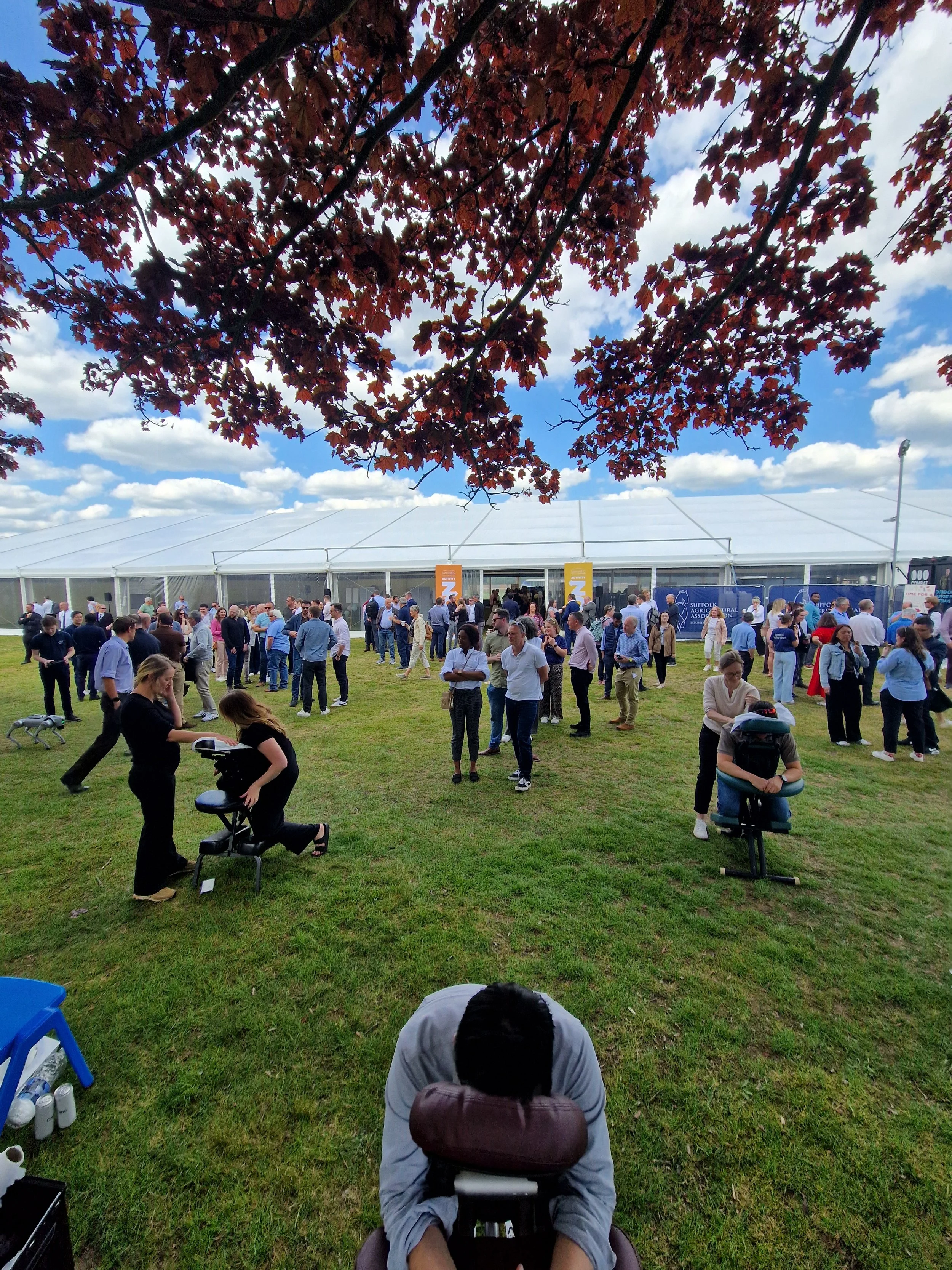 A field of people waiting for massage sessions on massage chairs