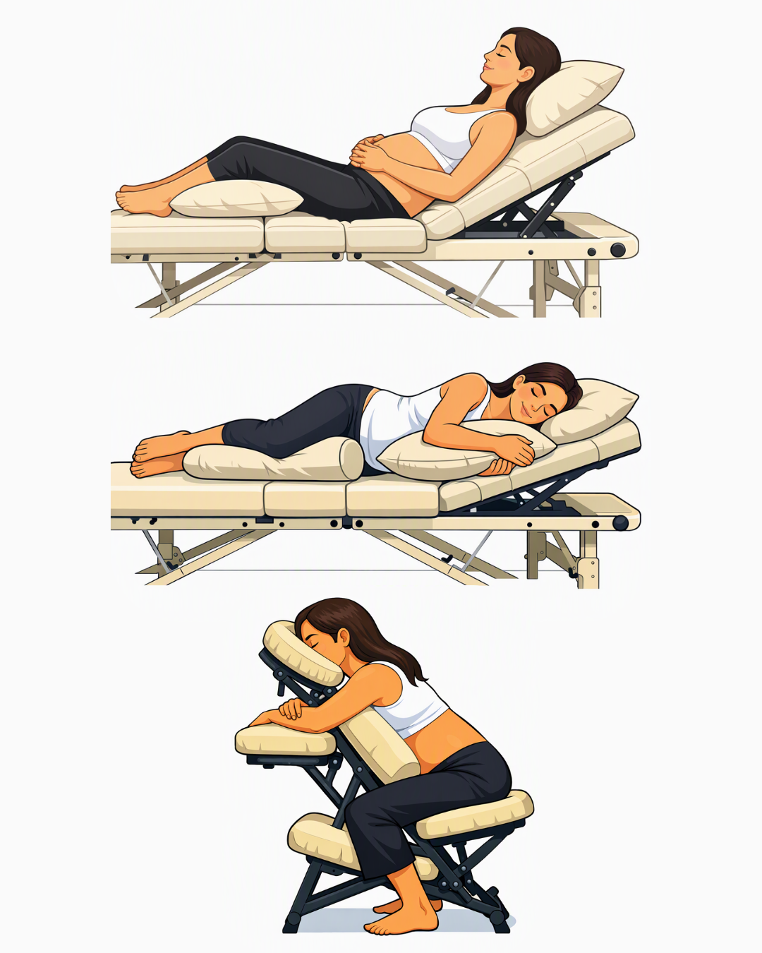 Vector illustrations showing a pregnant woman laying in various positions ready to receive a massage