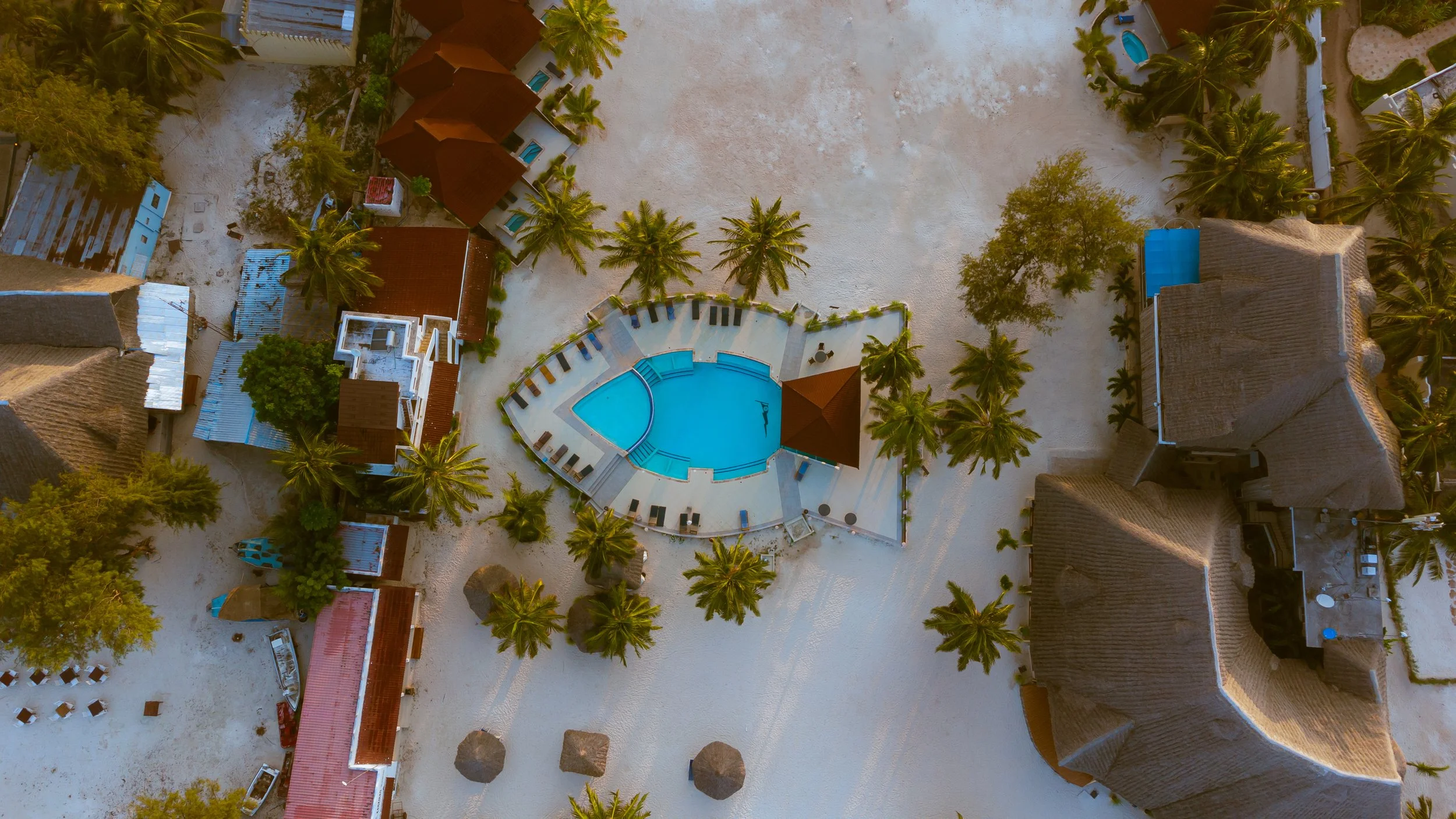 Aerial view of a tropical resort with beach, palm trees, a swimming pool, and surrounding buildings.