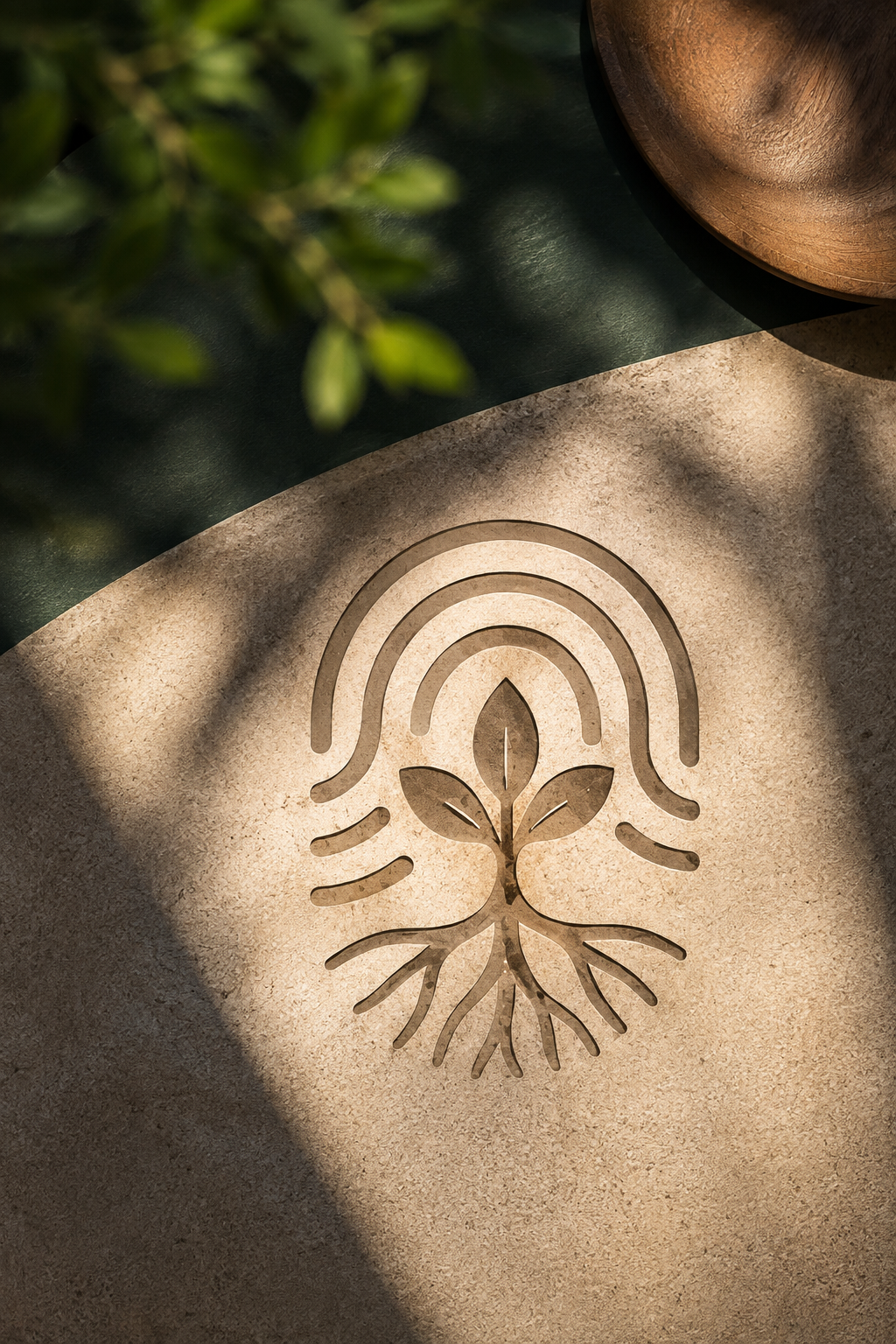 A drawing of a plant with roots, a stem, and leaves, surrounded by three concentric rounded lines, on a textured beige surface with shadows.