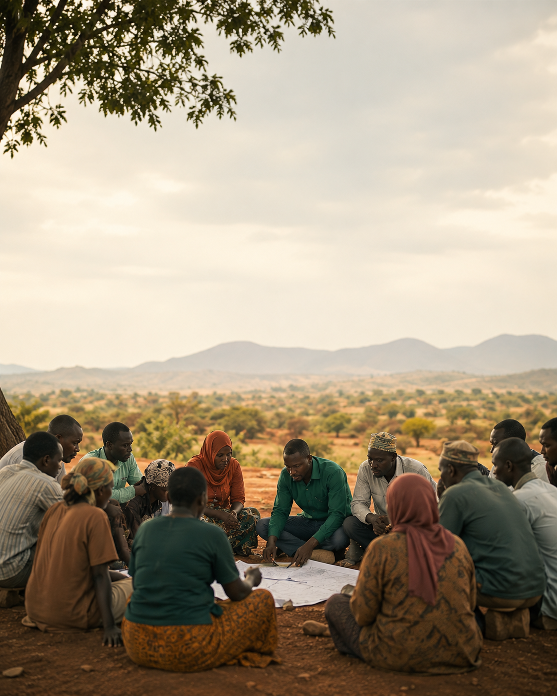 Group of people sitting outdoors under a tree and looking at large sheet of paper with drawings, in a rural landscape with mountains in the background.