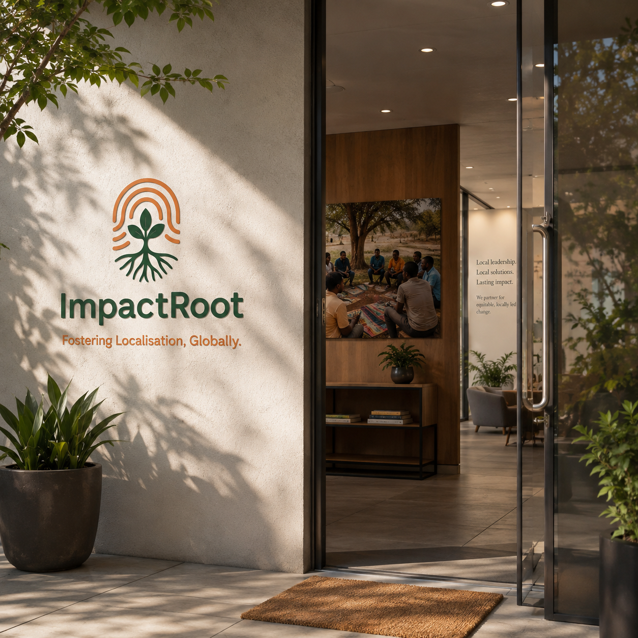 The entrance of ImpactRoot with its logo, a stylized tree with roots, and the tagline 'Fostering Localisation, Globally.' Inside, a meeting room with people sitting around a rug, a wooden wall featuring a large photo of people sitting outdoors under a tree, and a white wall with text promoting local leadership and solutions.