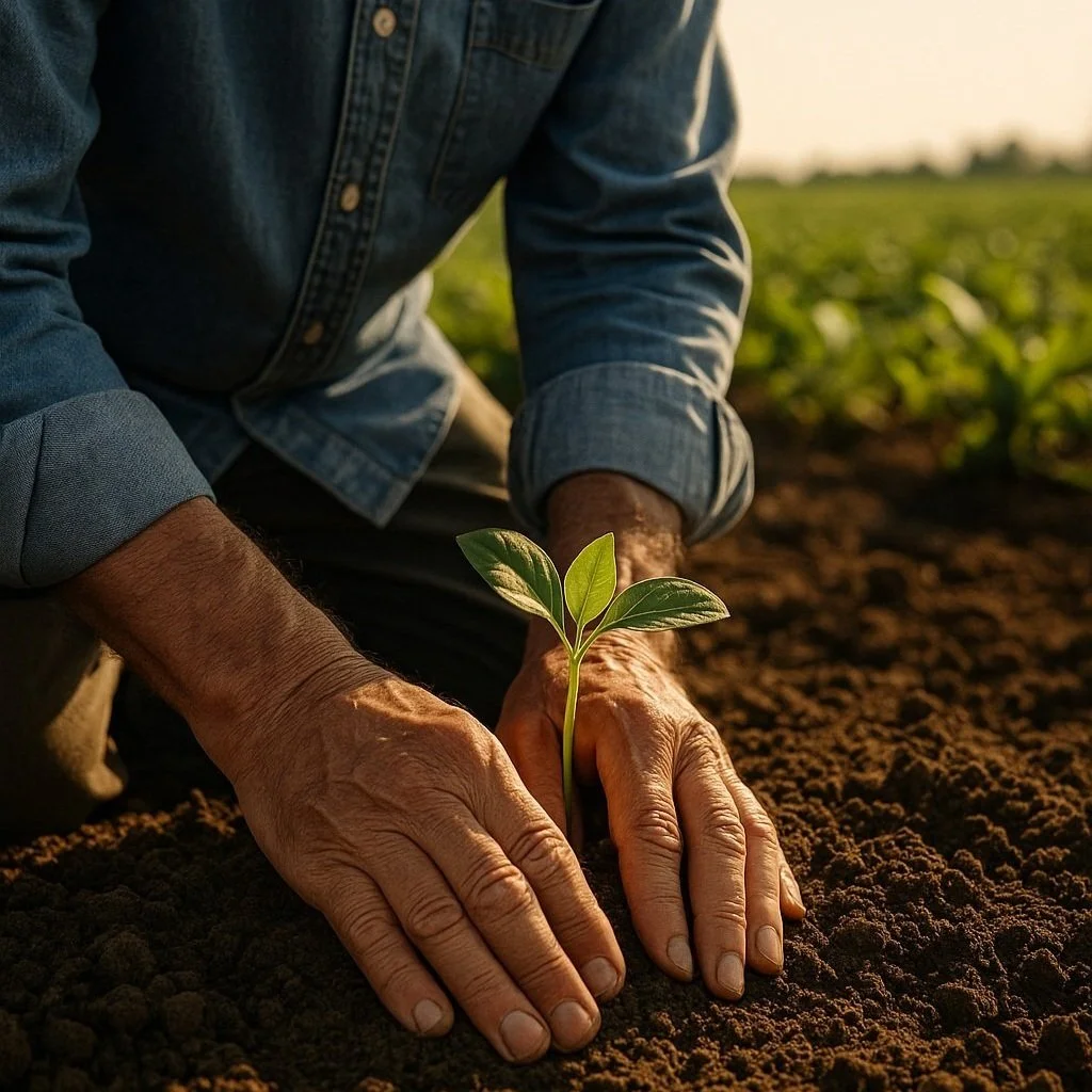 Person planting a young seedling in the soil during daylight.