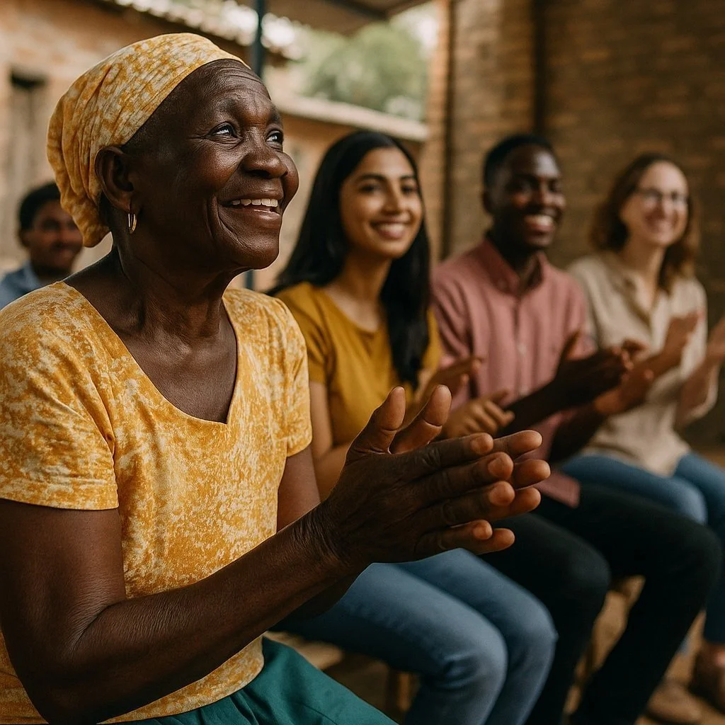 A diverse group of smiling people, including an elderly woman in a yellow dress and headscarf, sitting together and clapping in an outdoor setting.