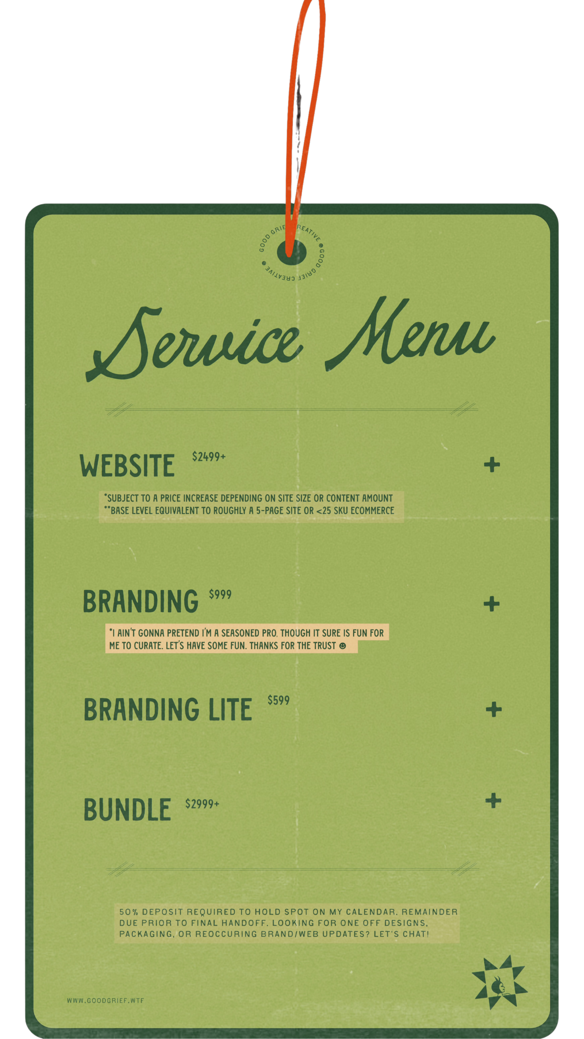 Green vintage-retro stylized paper-card looking service menu with prices for website, branding, branding lite, and bundle services, including notes about pricing and deposit requirements.