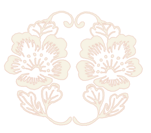 Symmetrical floral design featuring two large flowers with five petals each, surrounded by leafy accents and decorative swirls.