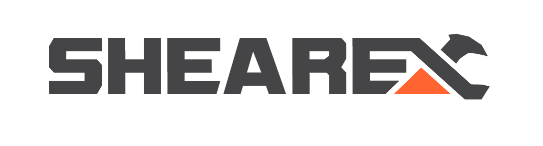 Shearex logo with black text and an orange and black stylized design element.