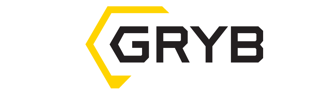 GRYB logo with stylized yellow geometric emblem on a black background