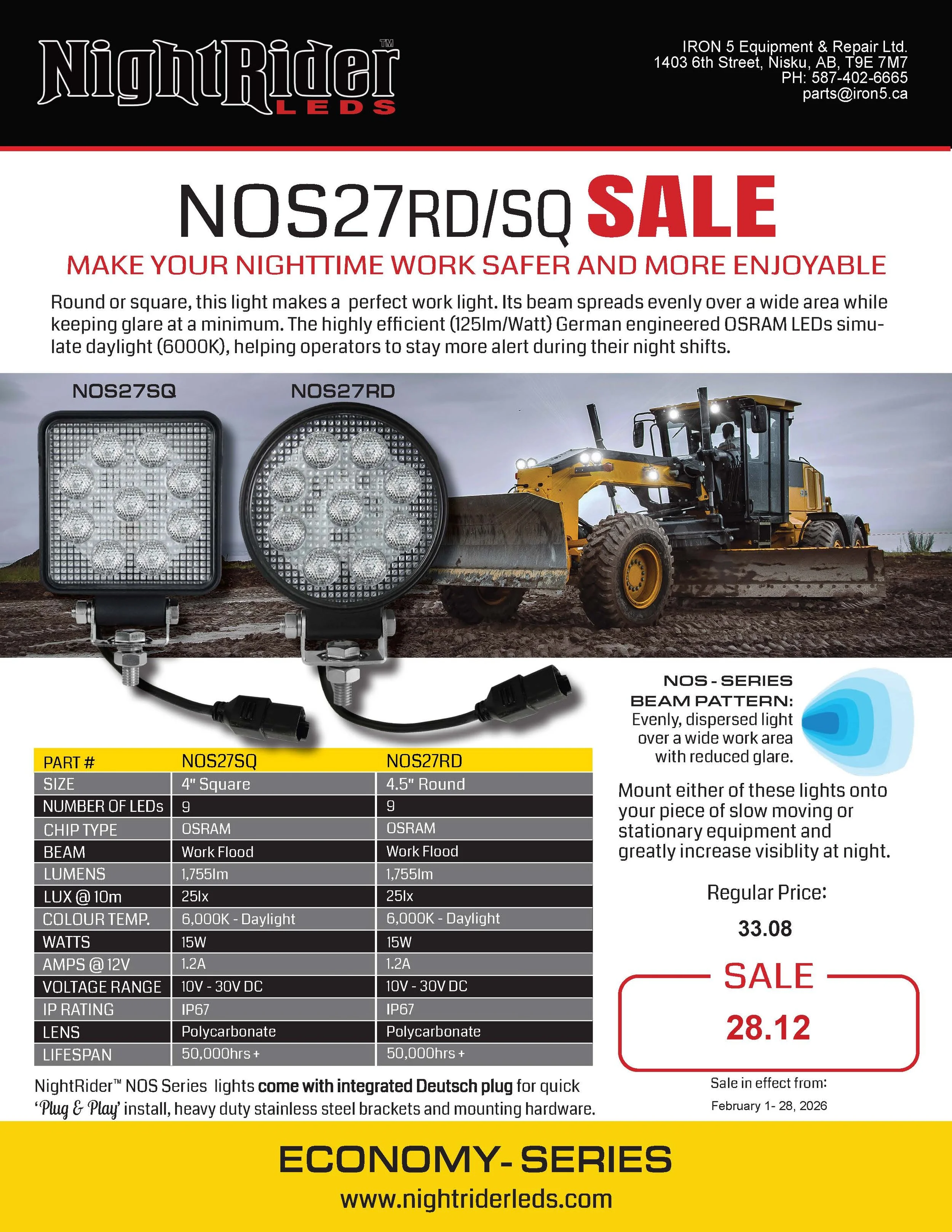 A flyer advertising NightRider LED lights for nighttime work safety, featuring two models of lights, specifications, and a photo of a construction vehicle in a worksite.
