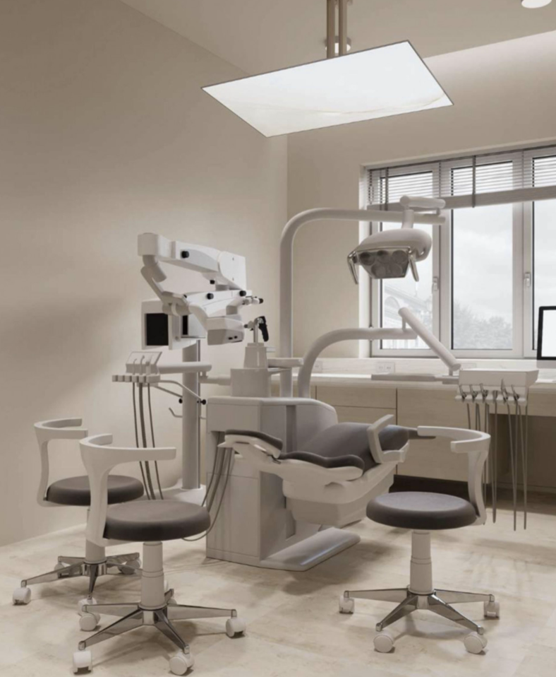 Empty dental office with dental chair, overhead light, dental tools, and chairs, near a window