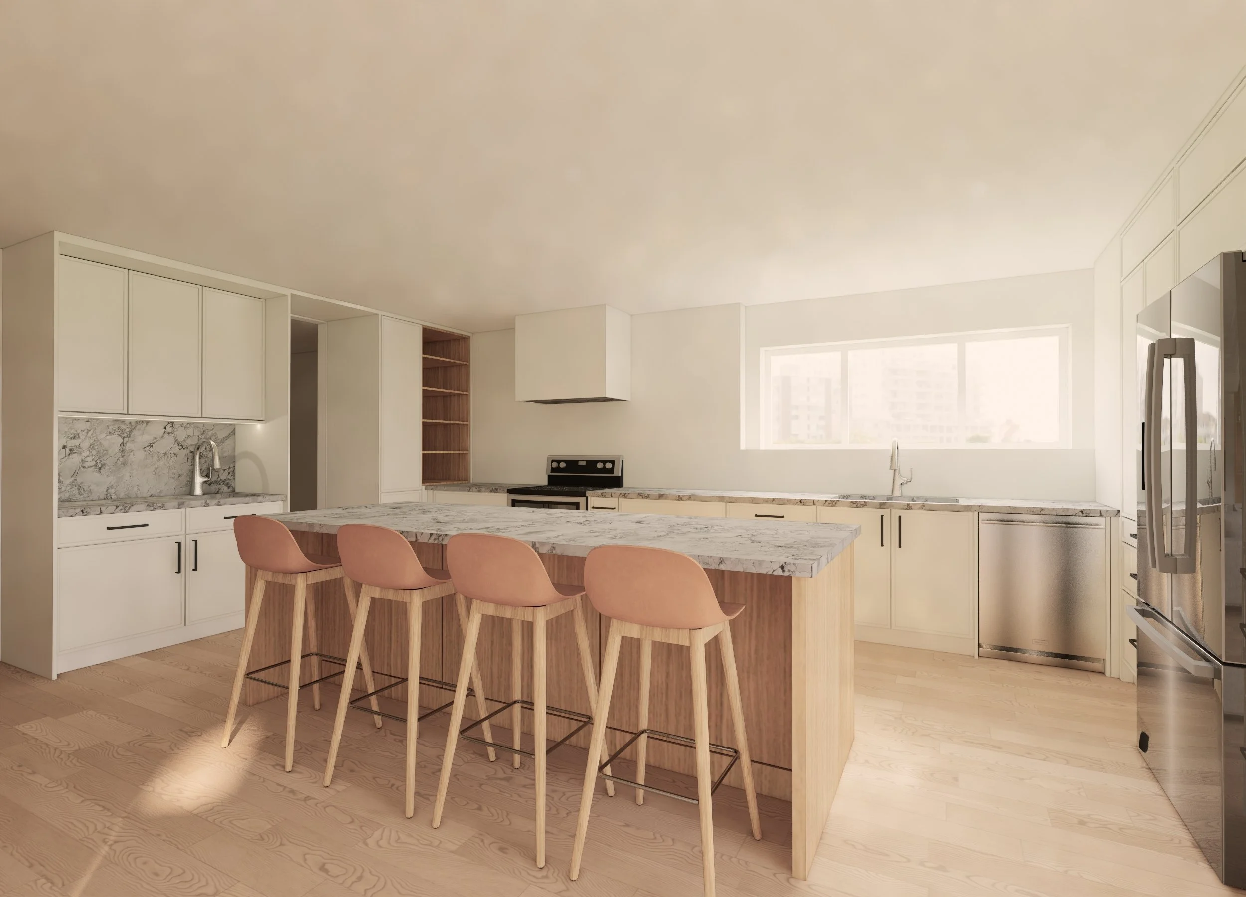 Modern kitchen with wooden dining table surrounded by white chairs, minimalist kitchen cabinets, hanging Edison bulb ceiling lights, and countertop with plants, utensils, and small appliances.