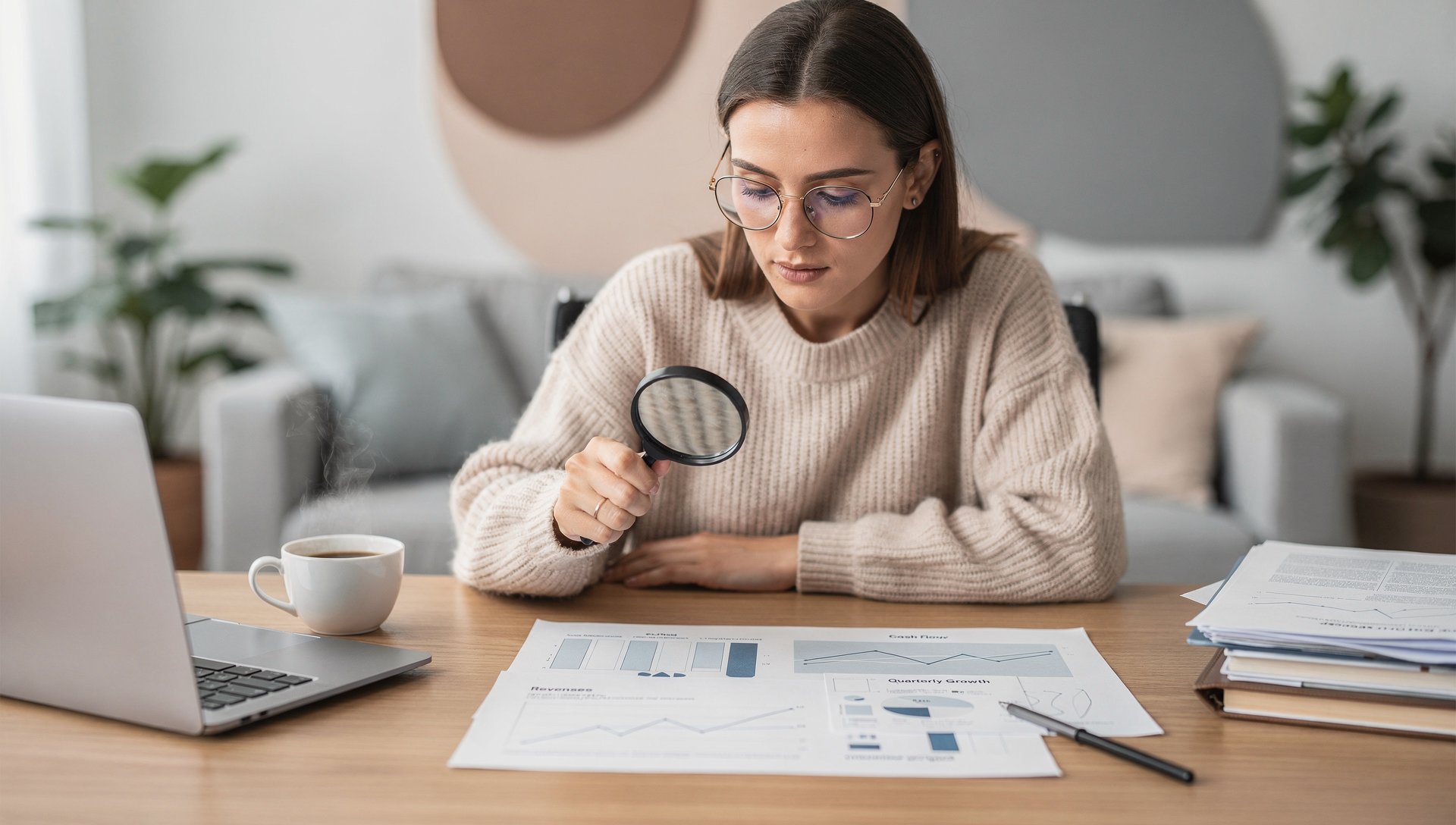 magnifying glass over reports, clear data analysis, simplified business