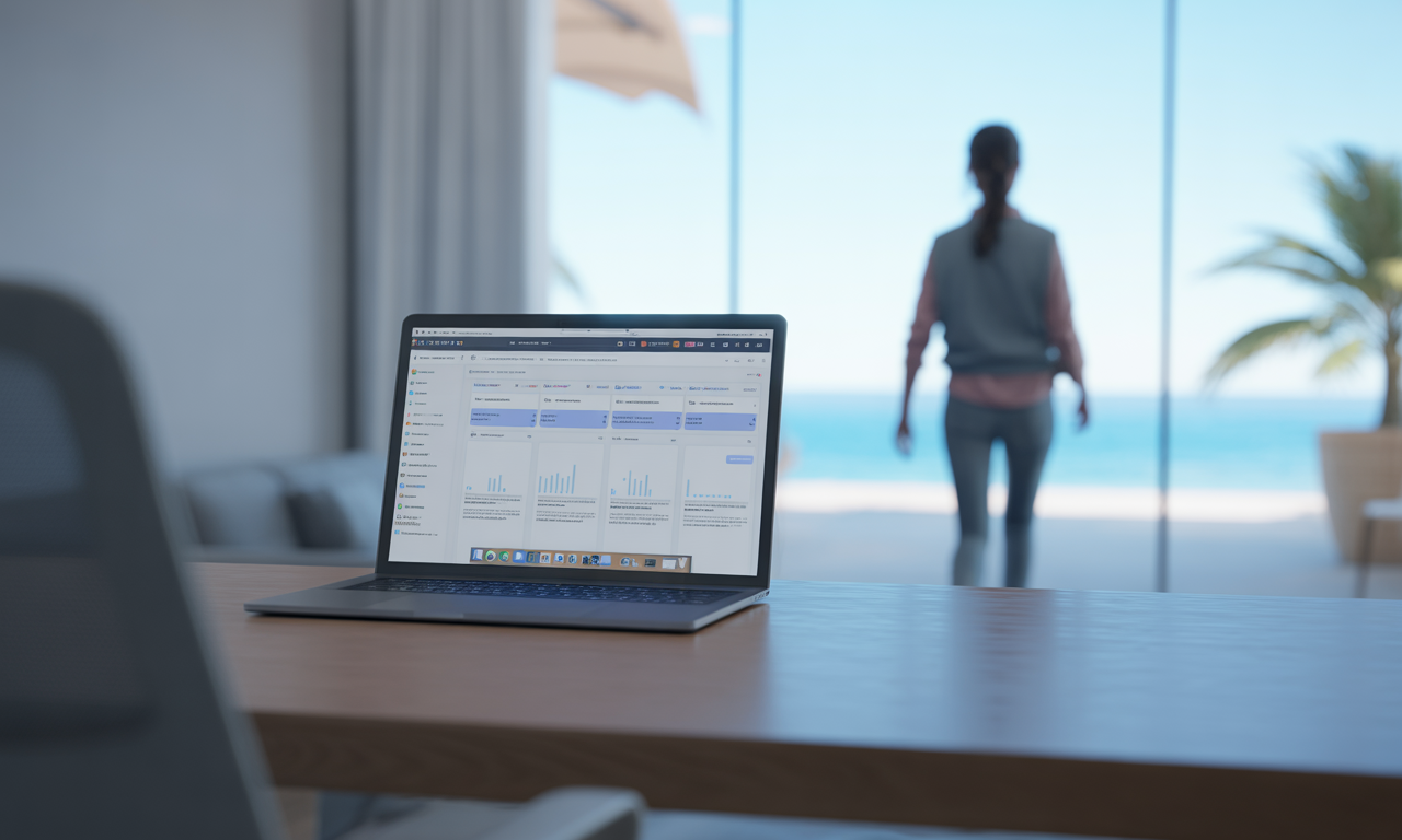 laptop with dashboard and person walking away to enjoy vacation