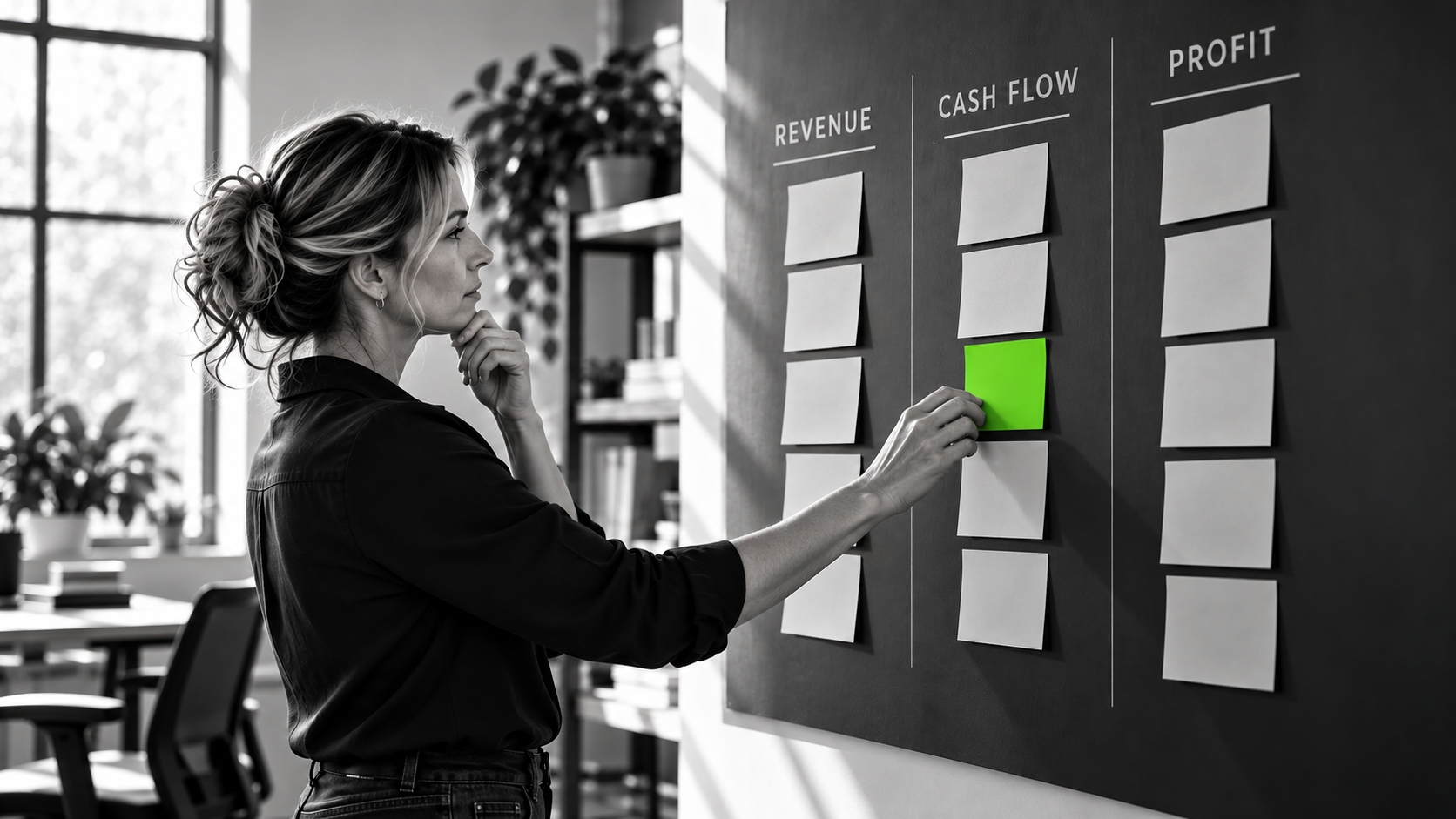 Business owner reviewing revenue, cash flow, and profit on a planning board with a green cash flow note.