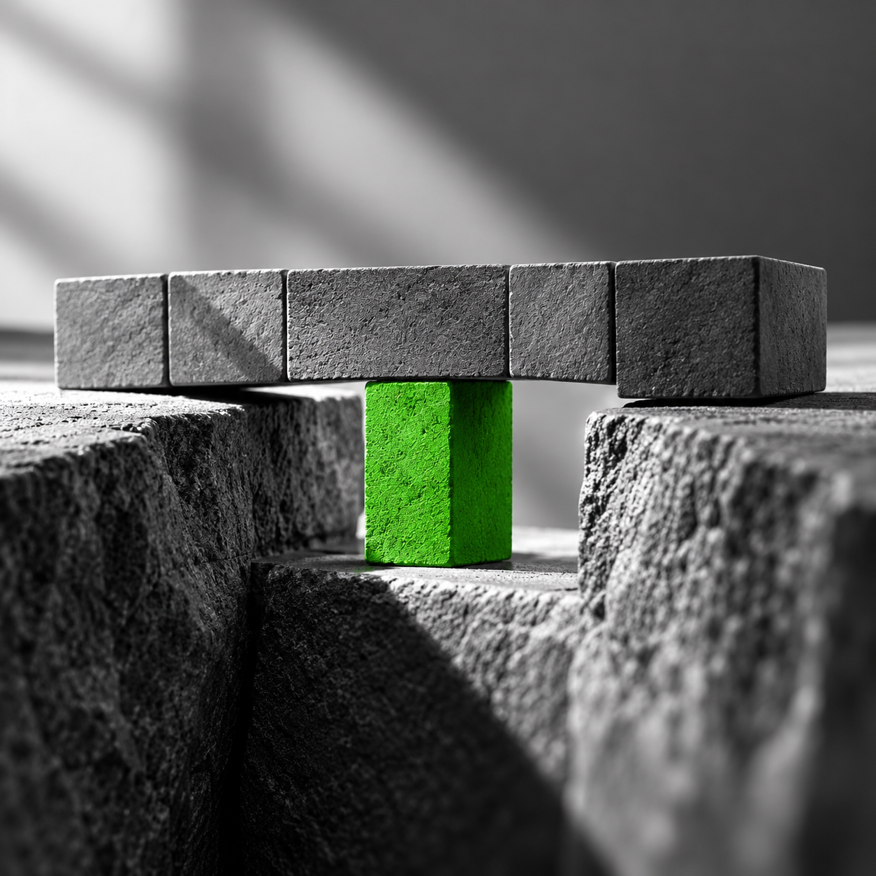 A green bridge block connecting two sides of a gap, illustrating the cash timing gap a business must fund.