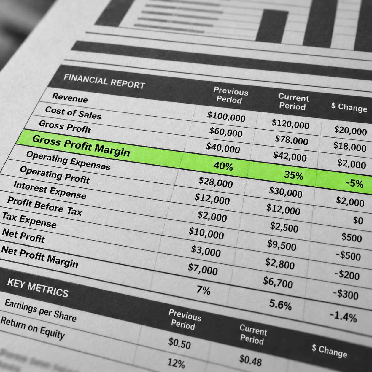 Black and white close crop of a printed financial report, with the gross profit margin row highlighted in lime green.