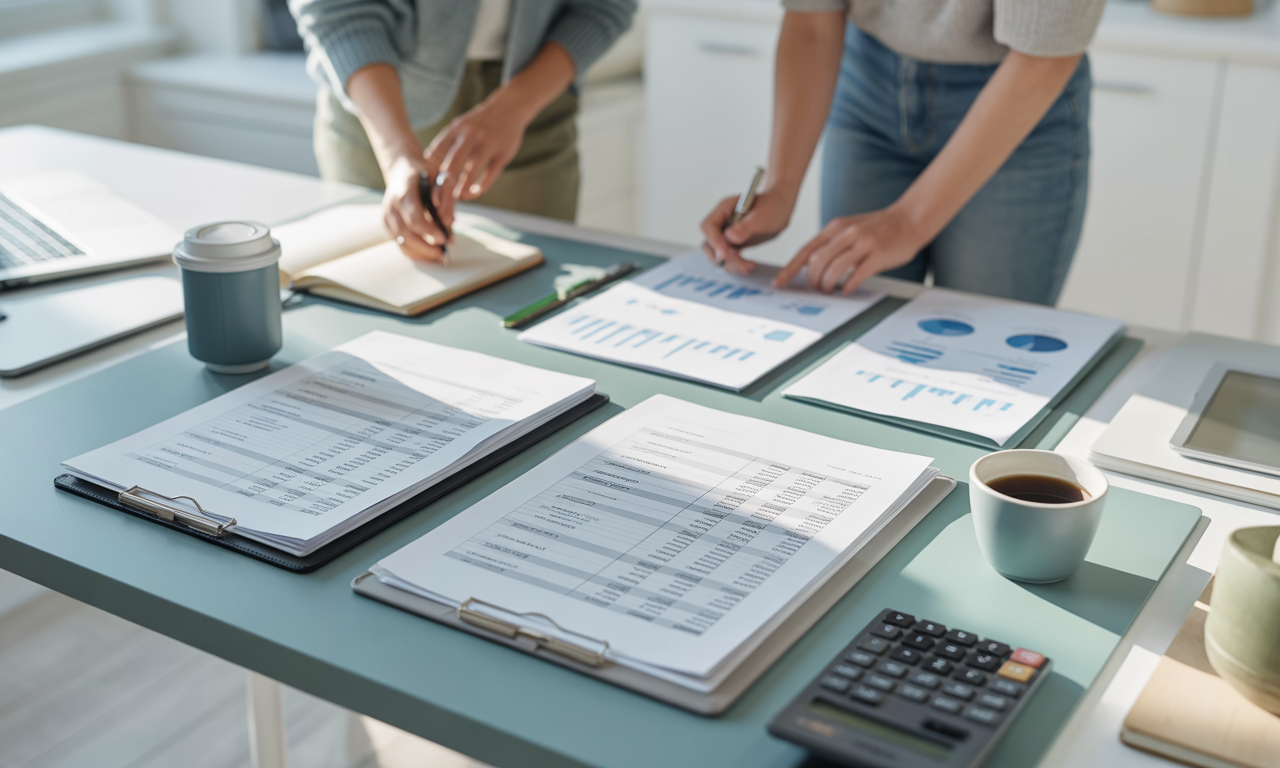 organized business data documents and clean spreadsheets on a desk, calculator and coffee cup, bright natural lighting