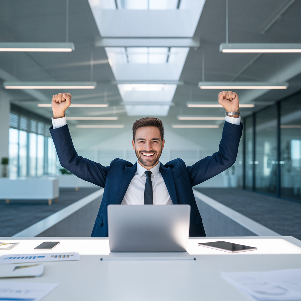 successful entrepreneur celebrating with laptop showing positive results, inspiring photography