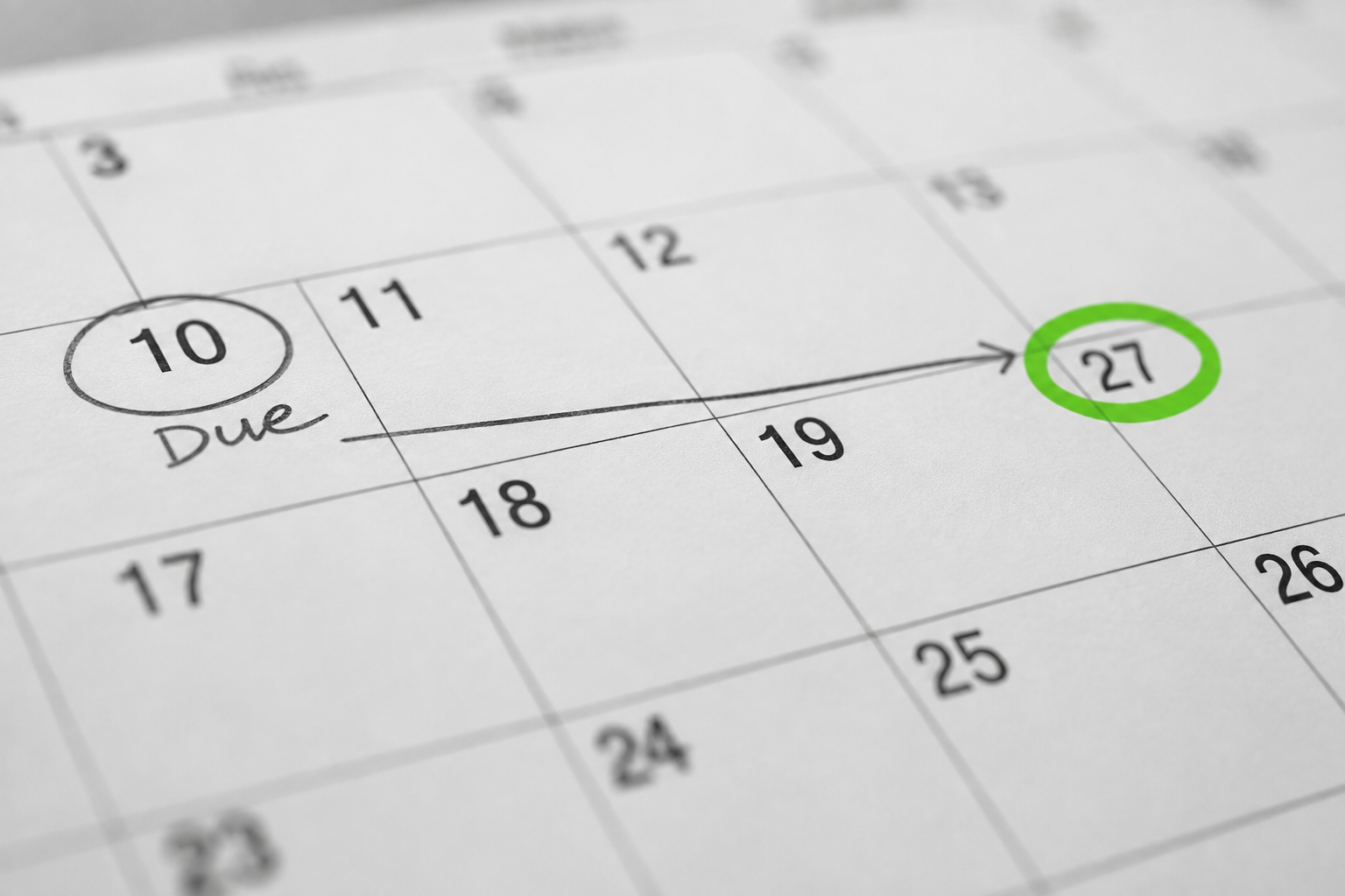 Calendar image showing 17 days late on invoice payment